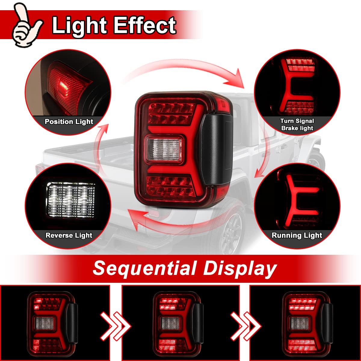 Nixon Offroad LED Tail Lights for Jeep Gladiator JT 2018-2025 - Sequential Turn Signal Rear Lamps Assembly Replacement (Matte Black Housing/Red Lens) - 1 Pair - Perfect for Off-Roading & Night Driving