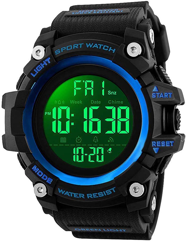 Men's Digital Watch with Big Dial & LED Backlight - Sporty Resin Strap for Outdoor Activities (Blue)