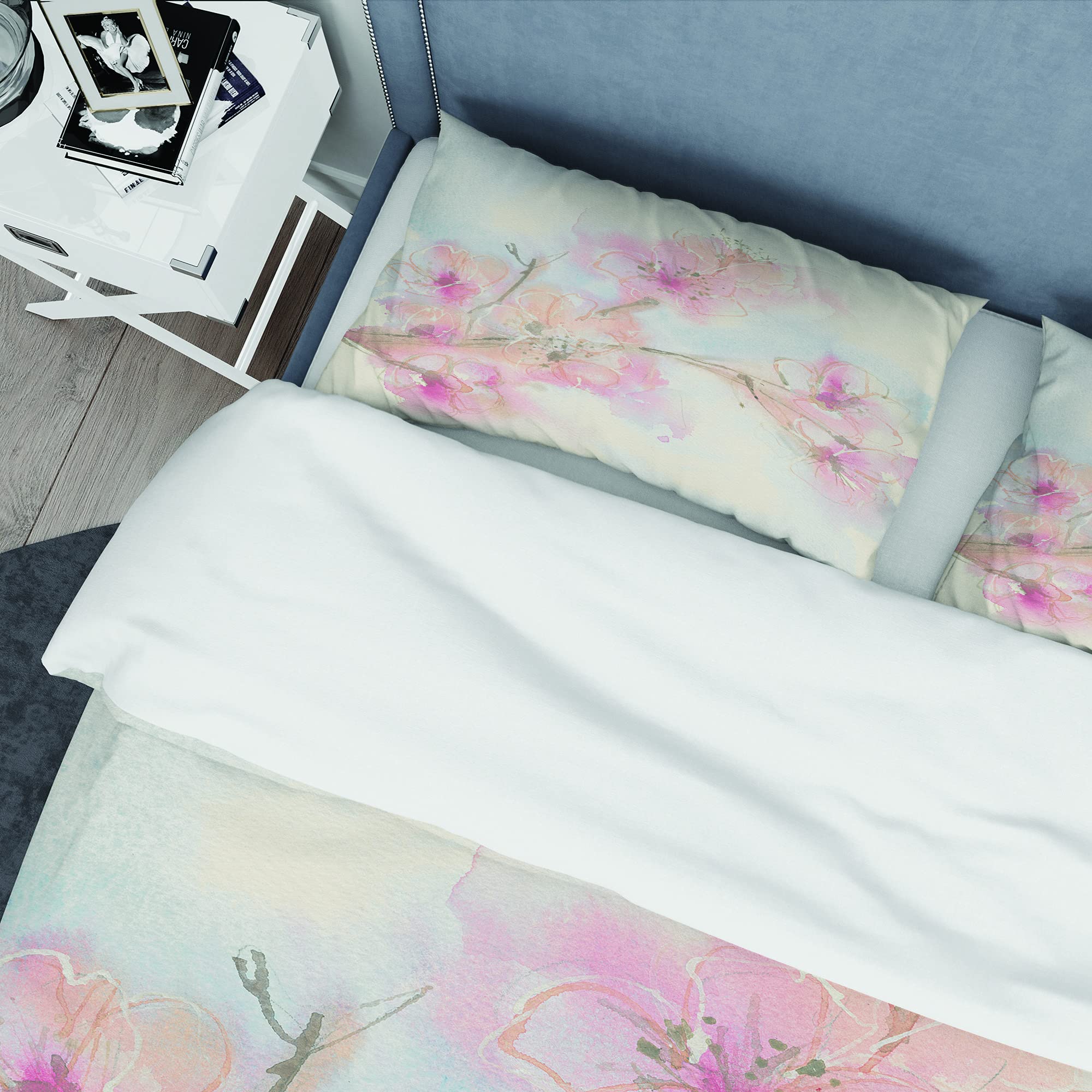 DesignQ Pink Blossoms Branch Shabby Chic Duvet Cover Set - Queen Size Floral Bedding 3-Piece Set for All Seasons | Perfect for Boho Bedroom Decor, Guest Room Makeover & Cozy Farmhouse Style
