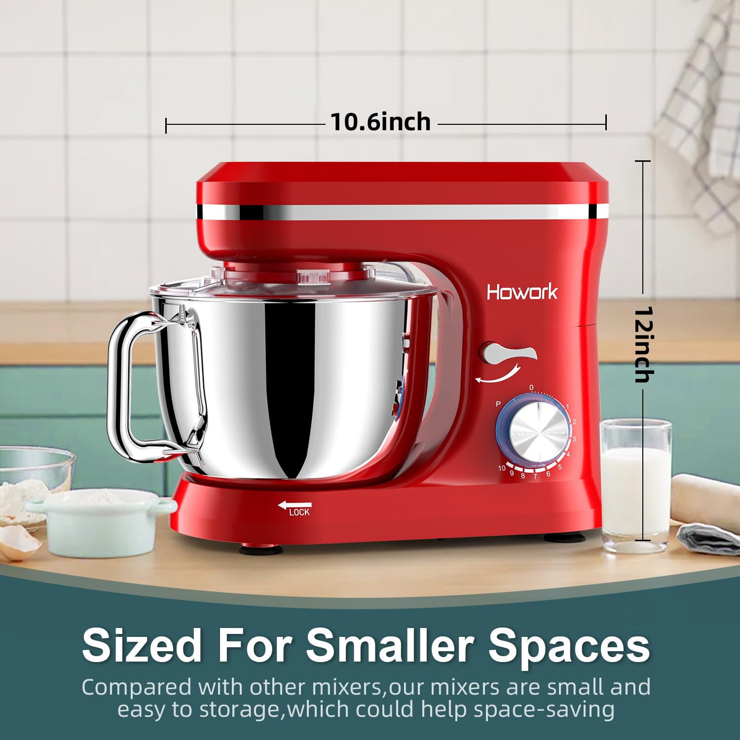 HOWORK 6.5QT Stand Mixer - 10+ Speed Electric Kitchen Mixer with Stainless Steel Bowl, Dough Hook, Wire Whip & Beater - Perfect for Baking, Cooking & Meal Prep - Ideal for Home Bakers & Cooking Enthusiasts (Bright Red)