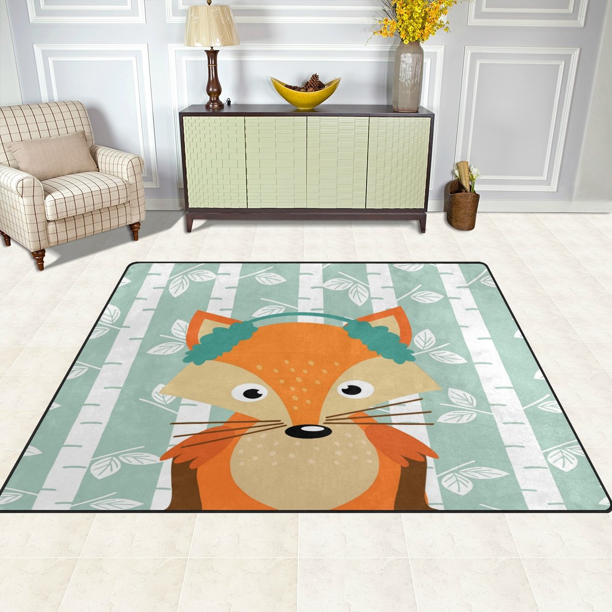 ALAZA Cartoon Birch Tree Cute Fox Area Rug - 5'3