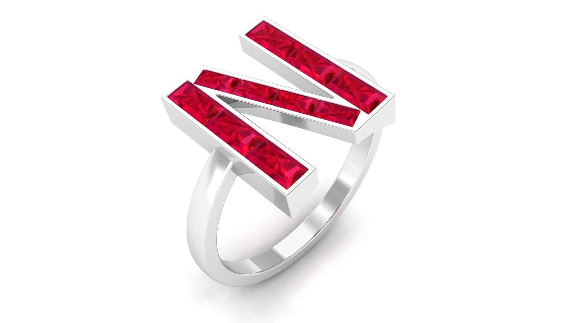 A-Z Alphabet Initial Rings - 14K White Gold Lab Created Ruby Letter Rings with Baguette & Channel Set - Perfect for Personalized Gifts, Birthdays, and Everyday Jewelry