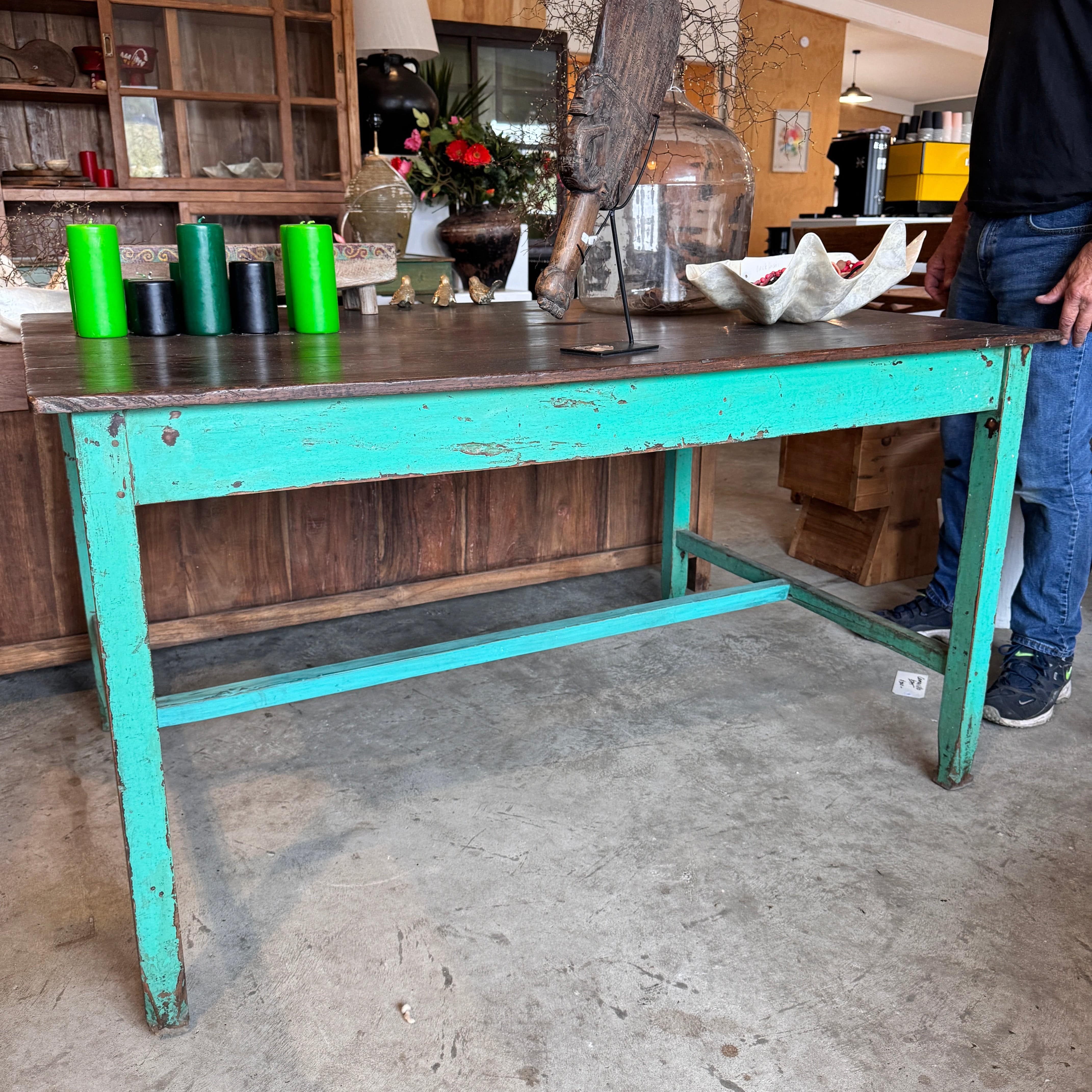 Premium Teak Wood Dining Table with Green Metal Legs - Modern Farmhouse Style for Kitchen, Dining Room & Outdoor Patio