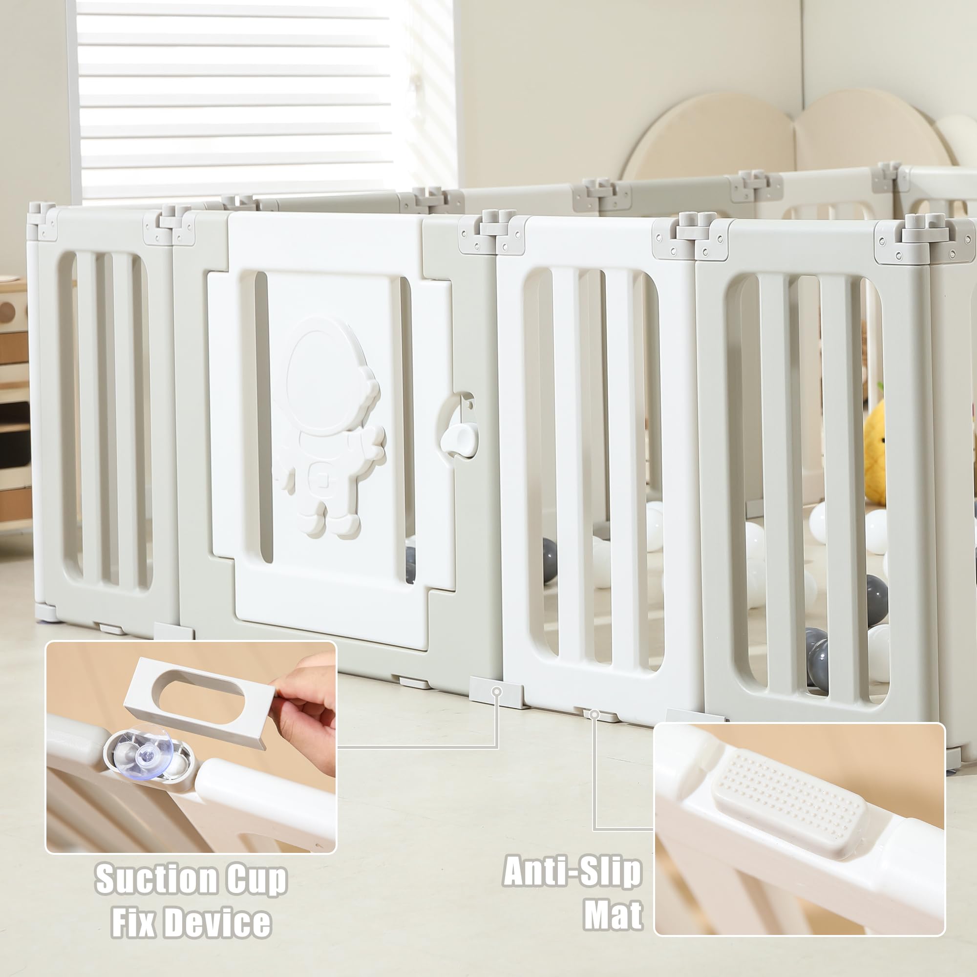 Foldable Baby Playpen - Extra Large 18-Panel Play Yard for Babies & Toddlers | Portable Playpen Fence with Astronaut Design | Indoor & Outdoor Safe Play Space for Crawling & Learning - Grey