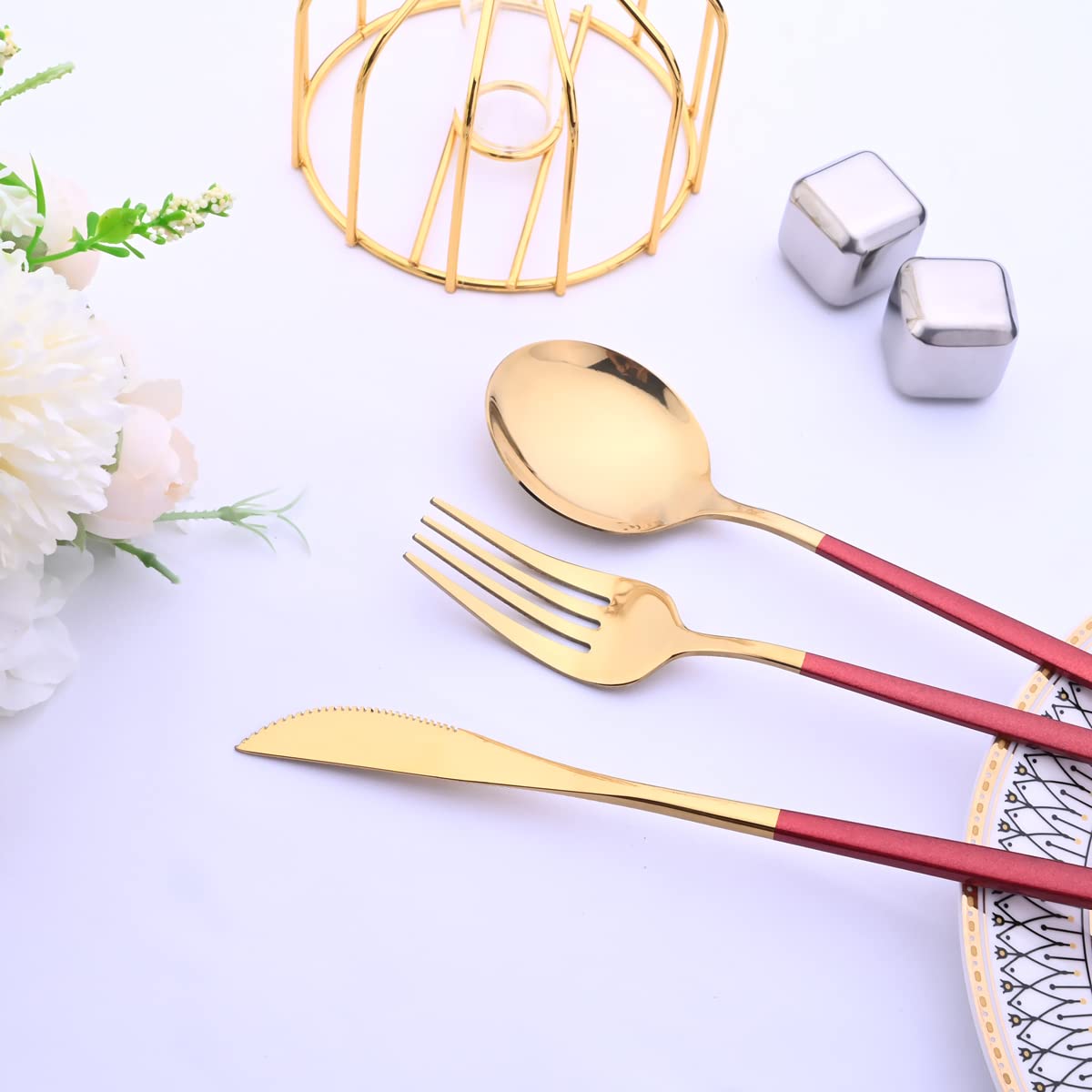 Premium 18/10 Stainless Steel Steak Knife Set - 6-Piece Mirror Finish Flatware with Red Gold Handle (8.66
