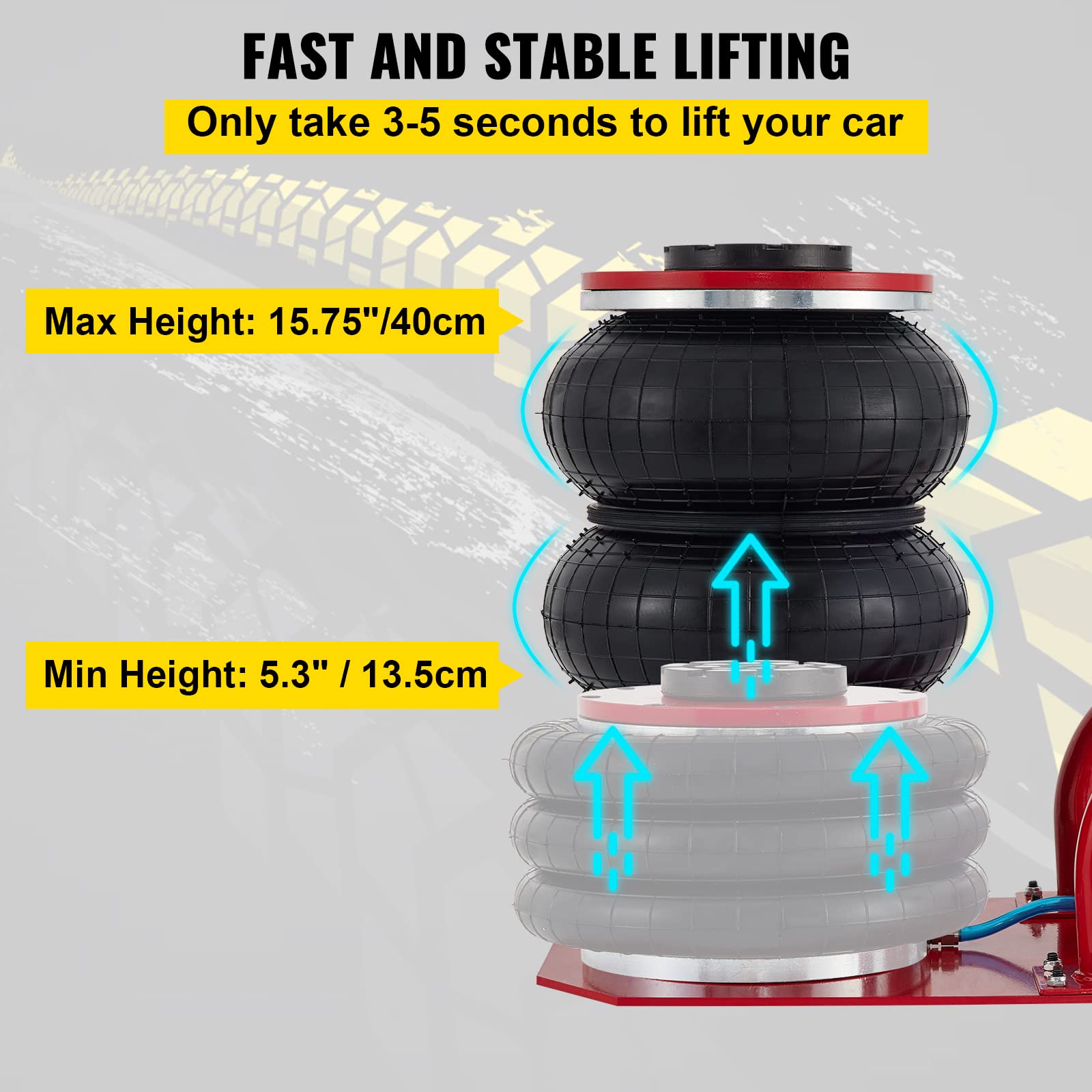 VEVOR 3 Ton (6600 lbs) Triple Bag Air Jack - 15.75 Inch Lift Height, Fast 3-5 Second Inflation - Compact Car Jack with Short Handle (Red) - Ideal for Emergency Roadside Repairs, Tire Changes & Vehicle Maintenance