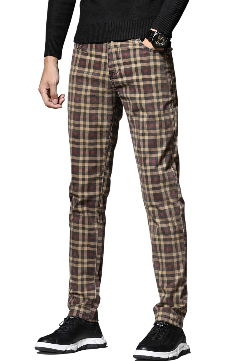 HENGAO Men's Straight Fit Plaid Chino Pants - Comfortable Casual Dress Pants for Office, Business & Everyday Wear
