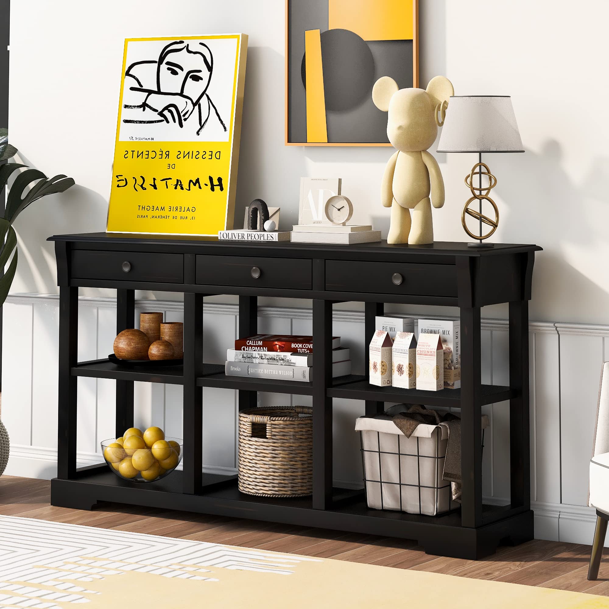 Acacia Wood Console Table with Storage - Retro Kitchen Buffet Cabinet & Sideboard with Open Shelves & 3 Drawers - Entryway, Living Room & Dining Room Furniture (Black) - Perfect for Home Decor, Small Space Organization & Modern Farmhouse Style - Ideal for Hallway Storage, Living Room Display & Dining Room Serving
