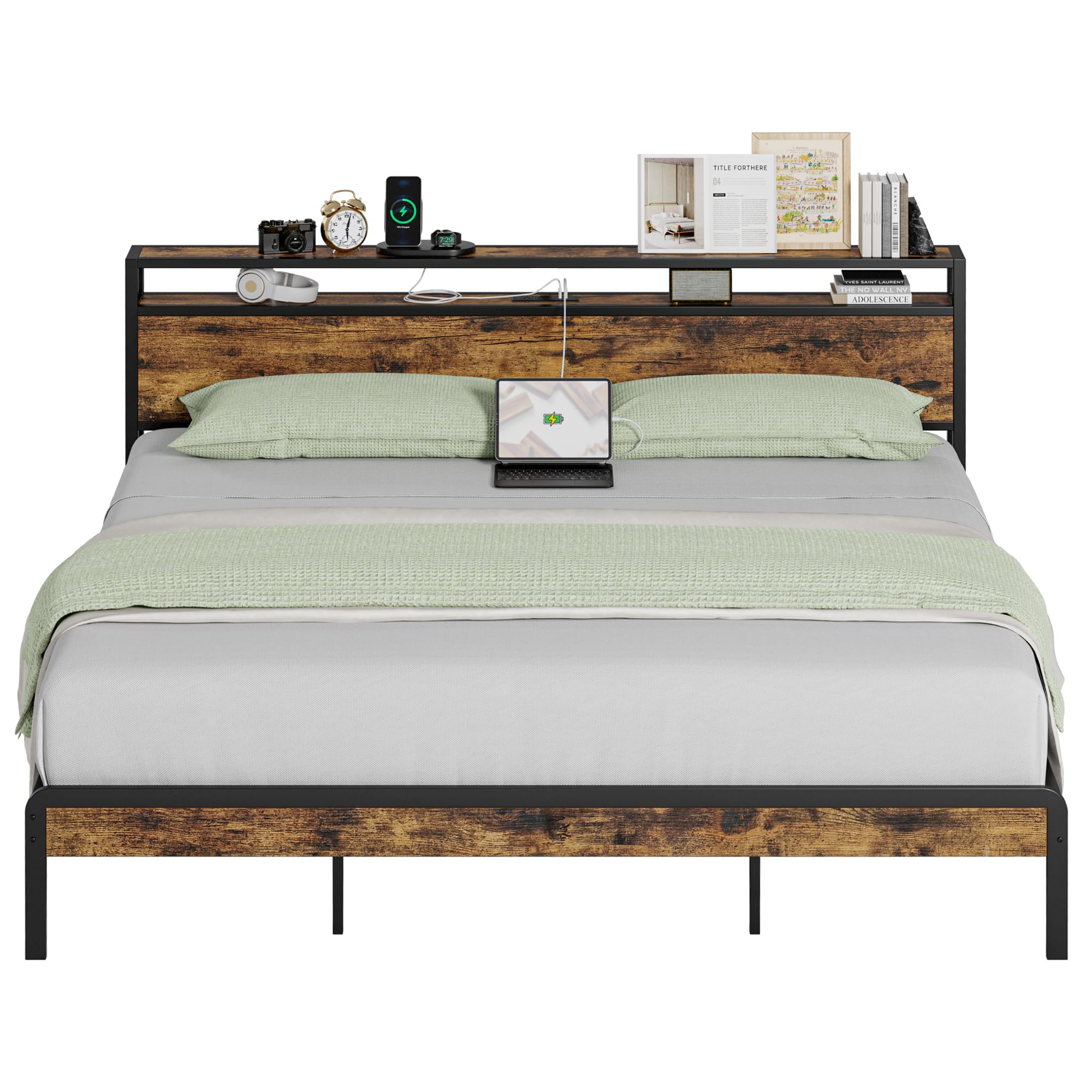 IRONCK King Size Platform Bed Frame with 2-Tier Storage Headboard, Built-in Power Outlets & USB Charging Ports - Sturdy, Quiet Design, No Box Spring Required, Easy Assembly in Vintage Brown - Perfect for Modern Bedrooms, Small Spaces & Tech-Savvy Homes