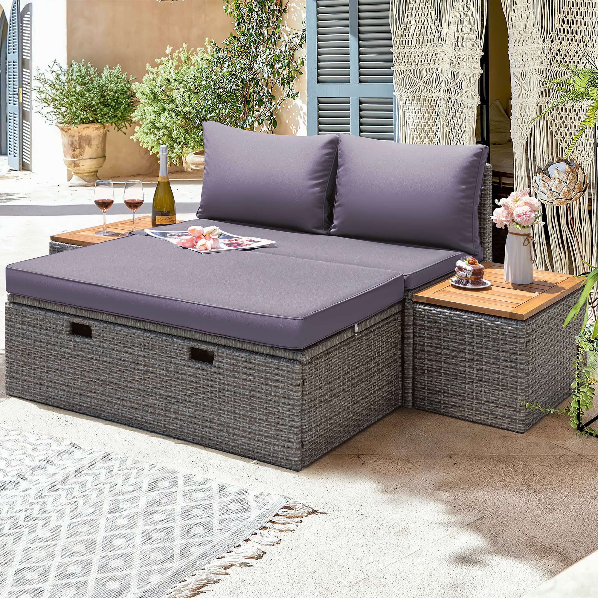 Greesum 7-Piece Outdoor Patio Furniture Set, Multifunctional Wicker Sectional Sofa with Cushions, Chaise Lounge, Storage Ottoman & 2 Side Tables - Perfect for Backyard, Porch, Poolside, Garden & Lawn (Gray)