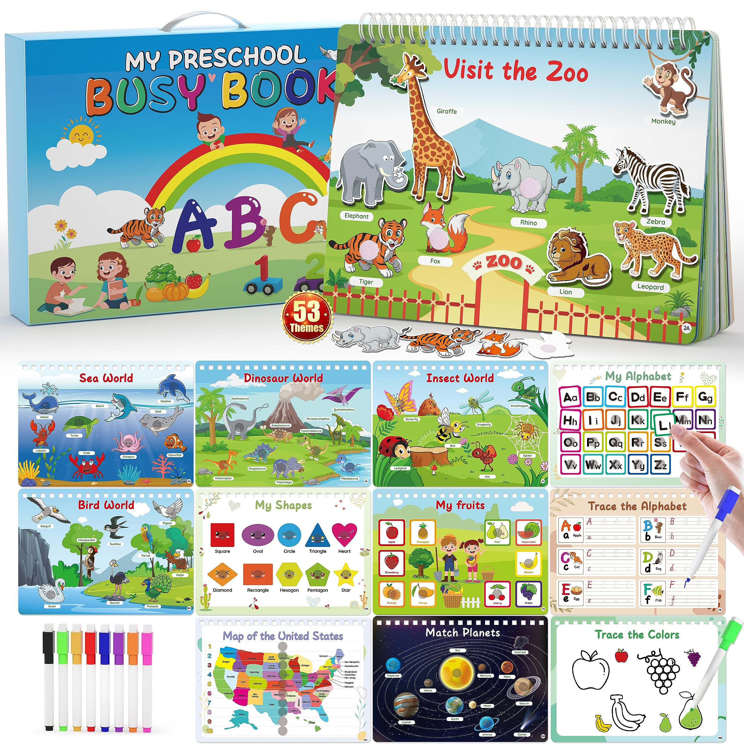 WJPC Toddler Busy Book - 53 Designs for 1-6 Years, Preschool Learning & Quiet Play - Montessori Activity for Boys & Girls at Home or Travel