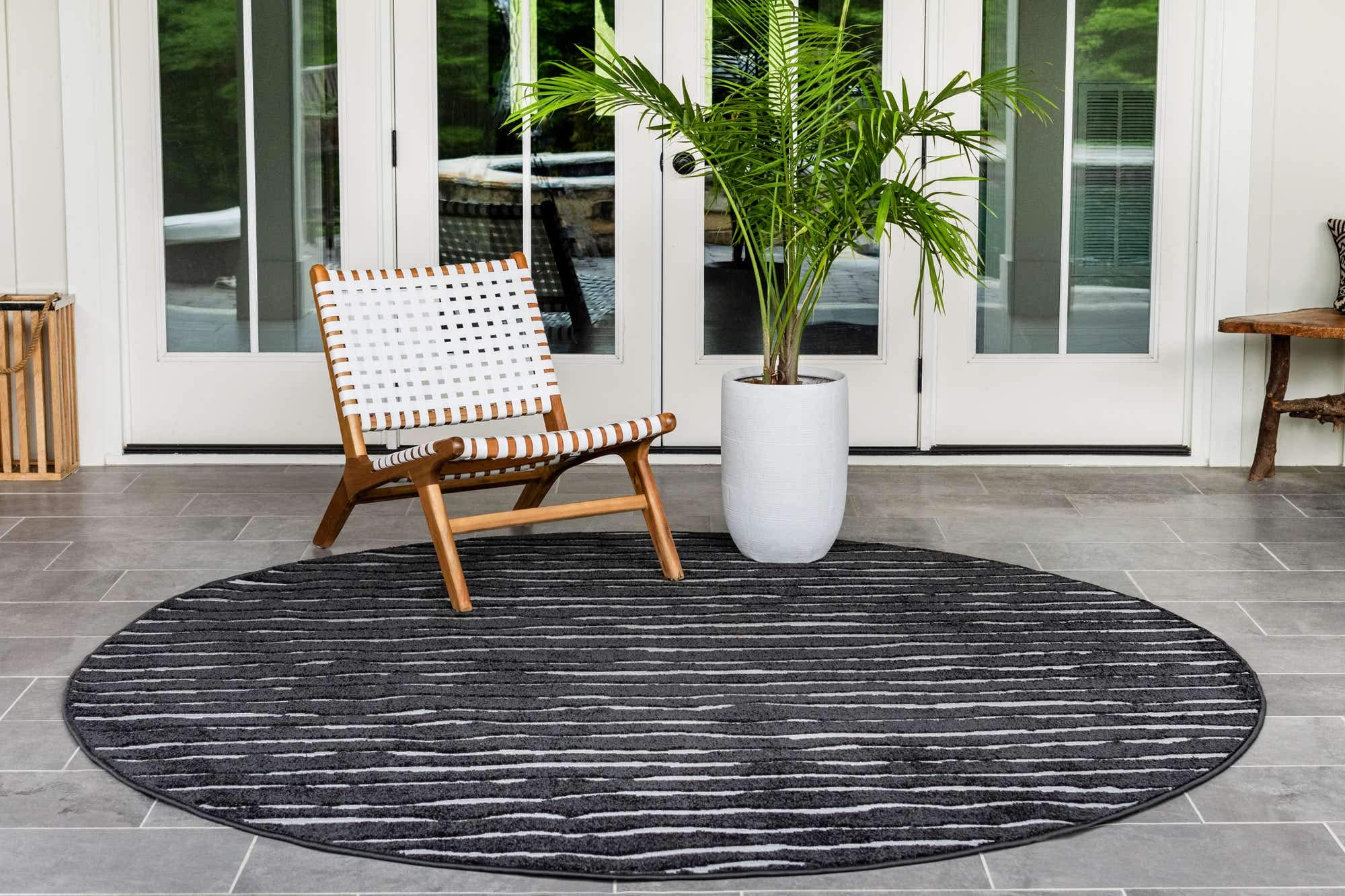 Unique Loom Sabrina Soto Outdoor Collection Geometric Modern Vibrant Striped Carved Area Rug 8x8 ft Black Ivory - Perfect for Patio, Deck, Sunroom & Outdoor Living Spaces