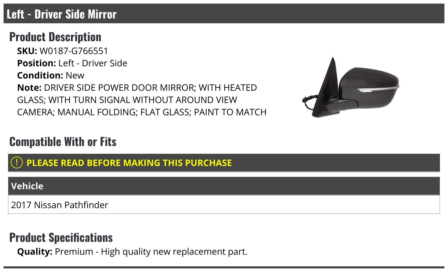 2017 Nissan Pathfinder Left Driver Side Power Mirror - Heated, Turn Signal, Manual Folding - Paint to Match Replacement - Perfect for Winter Driving & Safe Lane Changes