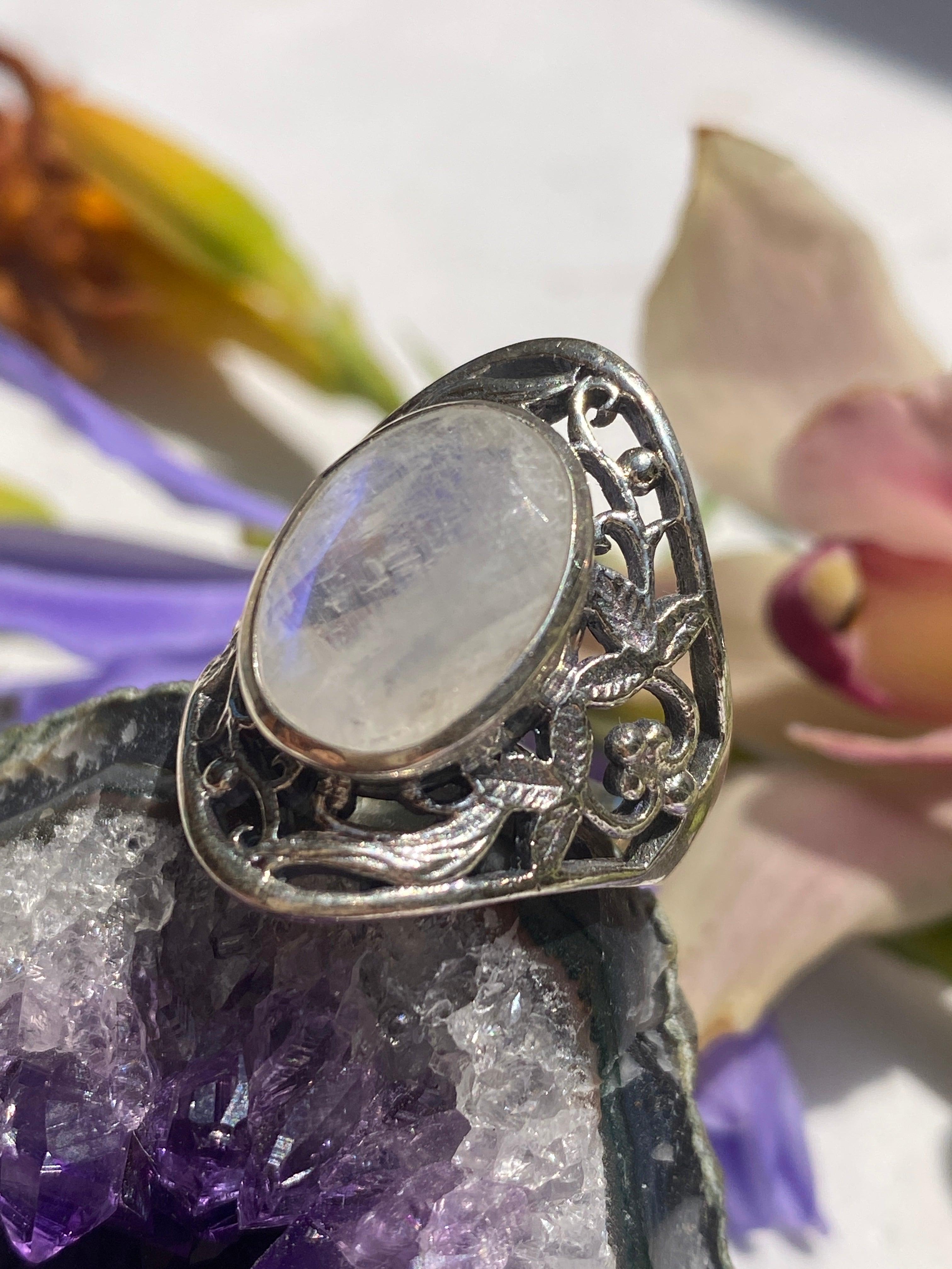 Moonstone Oval Faceted Filigree Band Ring - Size 7.5 - KRGJ536 - Elegant Handmade Jewelry for Women, Perfect for Weddings, Anniversaries & Special Occasions