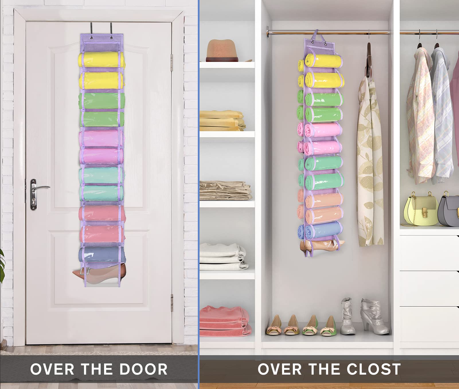 Premium Legging Organizer & Closet Storage Solution - 24 Compartment Space-Saving Clothes Roll Holder for T-Shirts, Pants & Purses (Purple) | Perfect for Bedroom, Dorm & Travel Organization