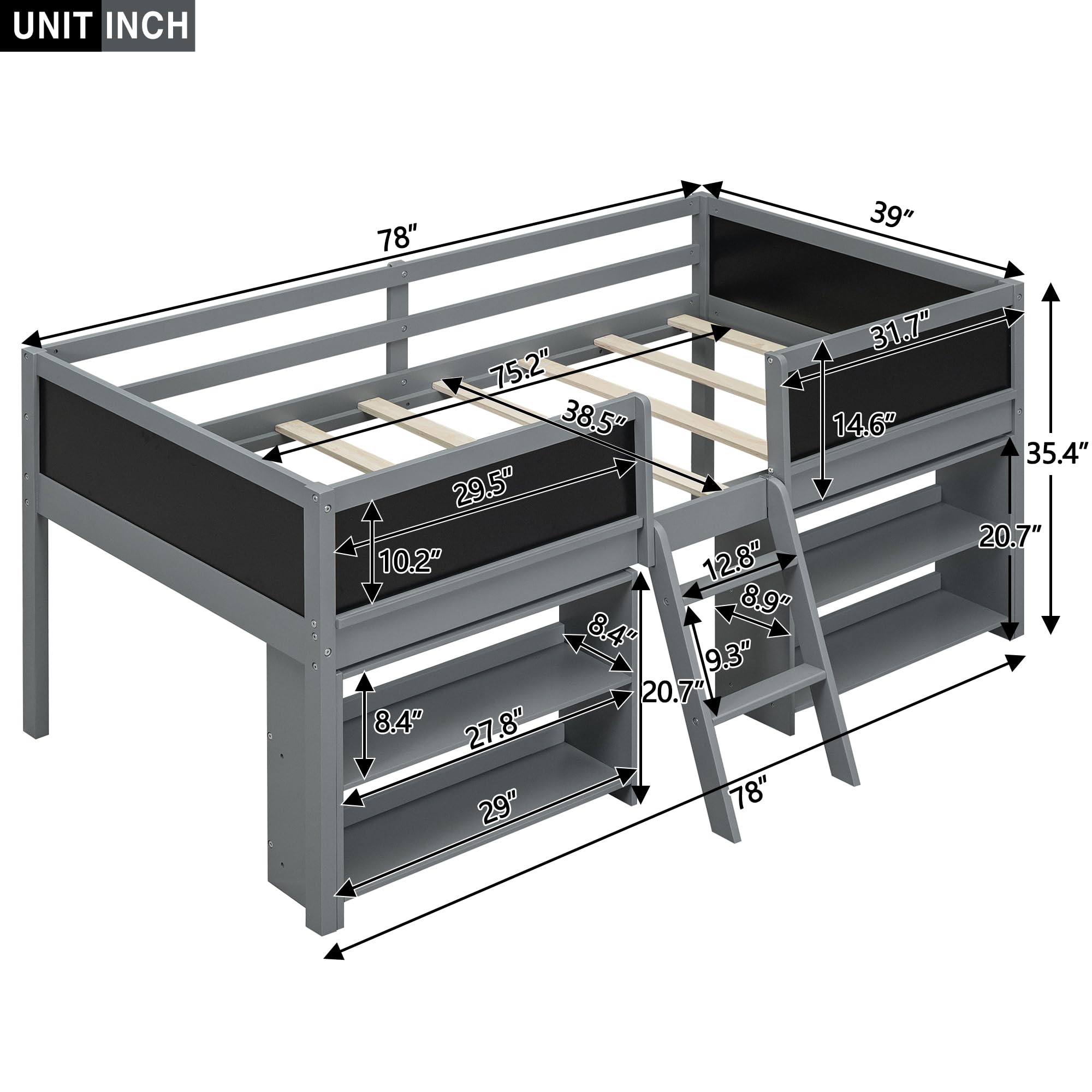 Twin Size Low Loft Bed with Movable Shelves & Guardrail - Solid Wood Kids Loft Bed Frame with Chalkboard & Storage - Space-Saving Bed for Small Rooms - Perfect for Boys & Girls Bedroom (Gray)