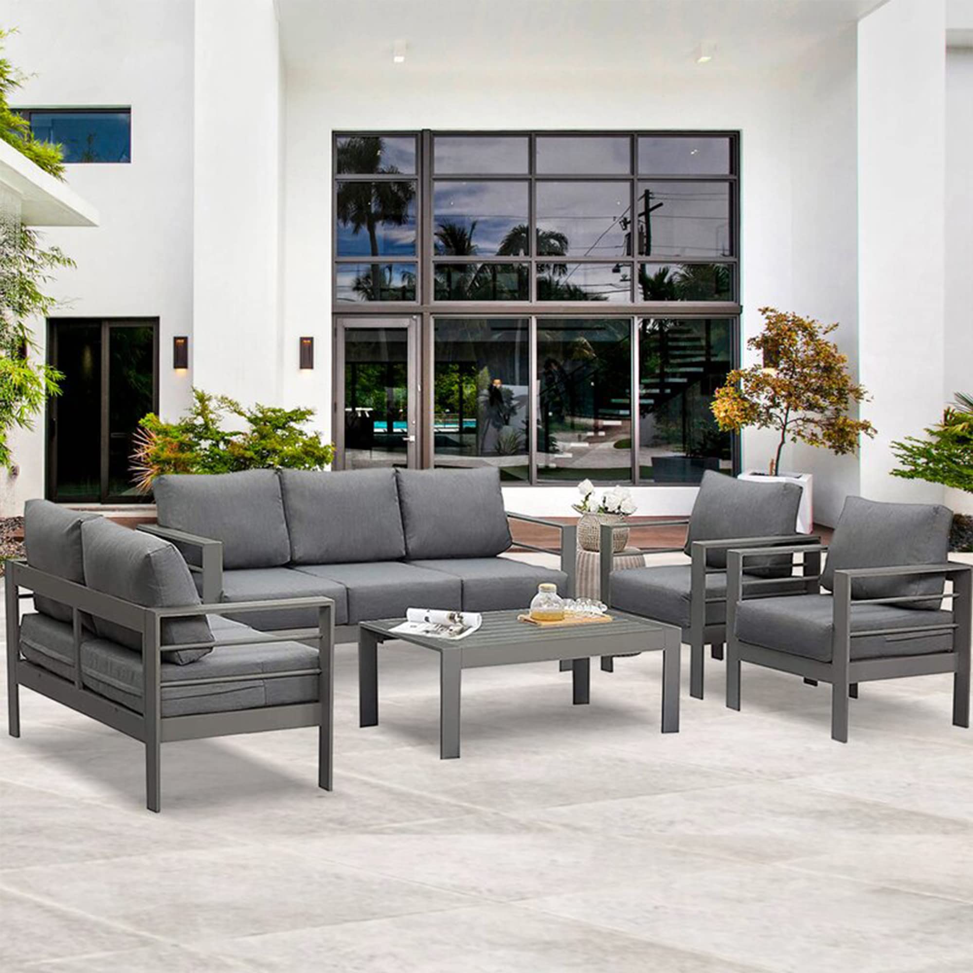 Wisteria Lane 7-Piece Aluminum Outdoor Patio Furniture Set with Cushions - Modern Metal Sectional Sofa & Coffee Table for Garden, Balcony, Backyard - Weather-Resistant Dark Grey Conversation Set (Perfect for Outdoor Entertaining & Relaxation)