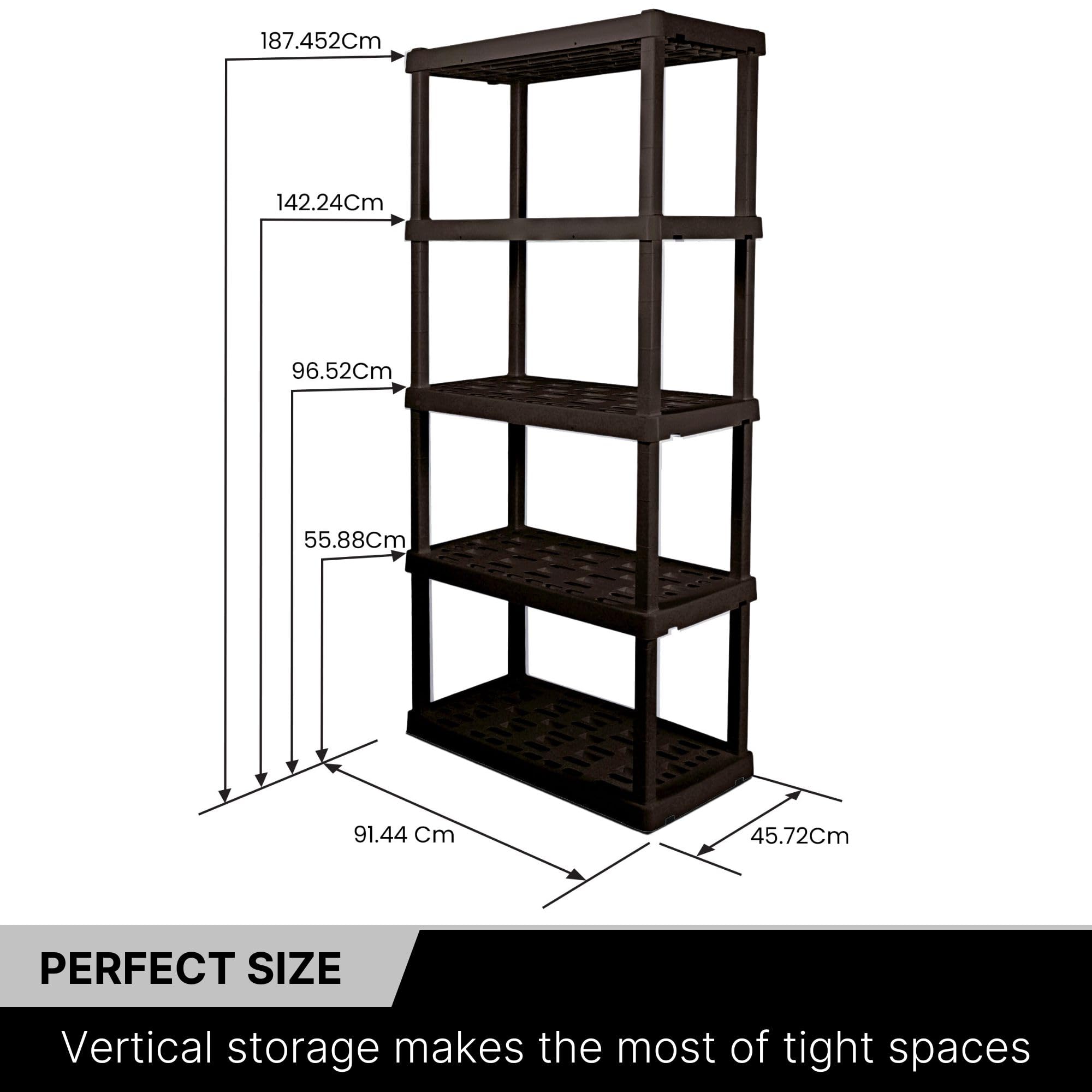 5-Tier Heavy Duty Plastic Storage Shelf - Garage Shelving Unit with Durable Rack & Organizer for Shed, Basement, Closet - Perfect for Home, Office & Workshop Organization (Black)