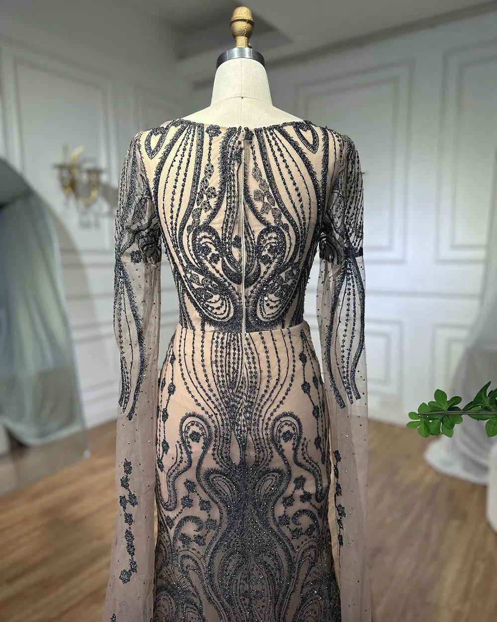 Elegant Brown Arabic Mermaid Evening Dress with Cape Sleeves - 2025 Luxury Beaded Gown for Women - Perfect for Prom, Wedding Guest & Formal Parties