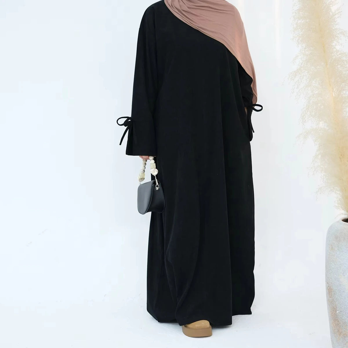 Elegant Bowknot Cuff Corduroy Abaya Dress for Women - Winter & Fall Long Sleeve Maxi Dress #24925 | Perfect for Modest Fashion, Prayer, and Special Occasions