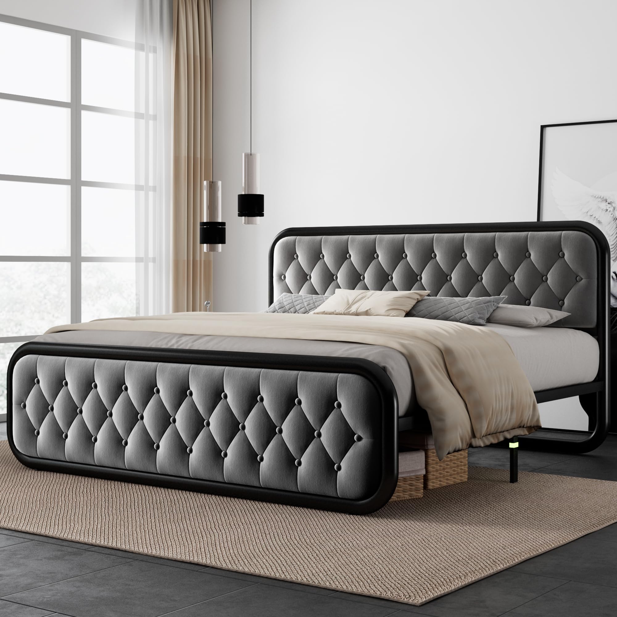 Feonase King Size Bed Frame with Upholstered Platform & Button Tufted Headboard - Modern Sturdy Metal Slat Support, 12