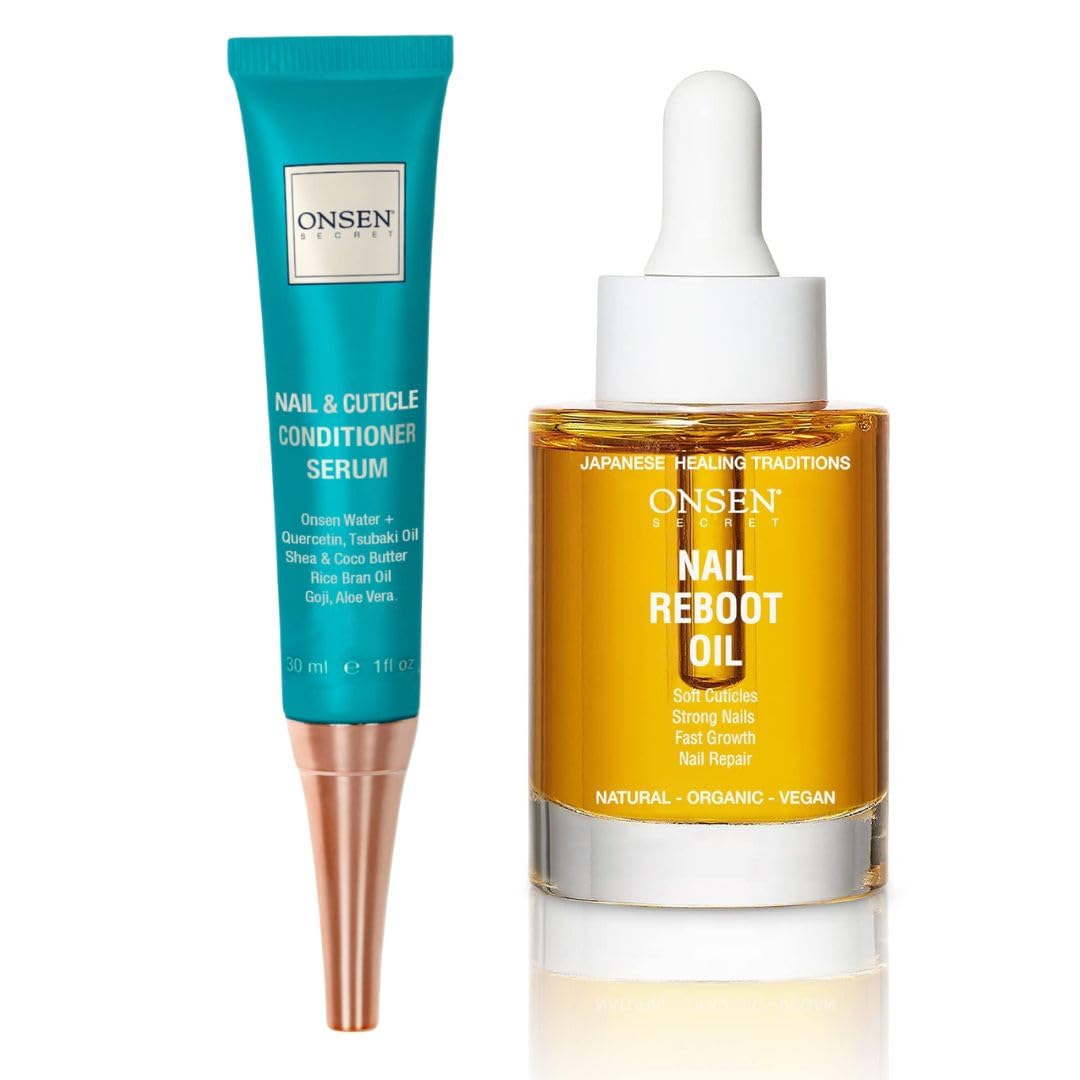Onsen Secret Nail Reboot Duo Set - Natural Nail Treatment & Cuticle Repair Cream for Damaged Nails - 30ml Nail Strengthener Oil & Moisturizing Cuticle Conditioner - Visible Results for Healthy Nails - Perfect for Home Manicures & Nail Salon Care