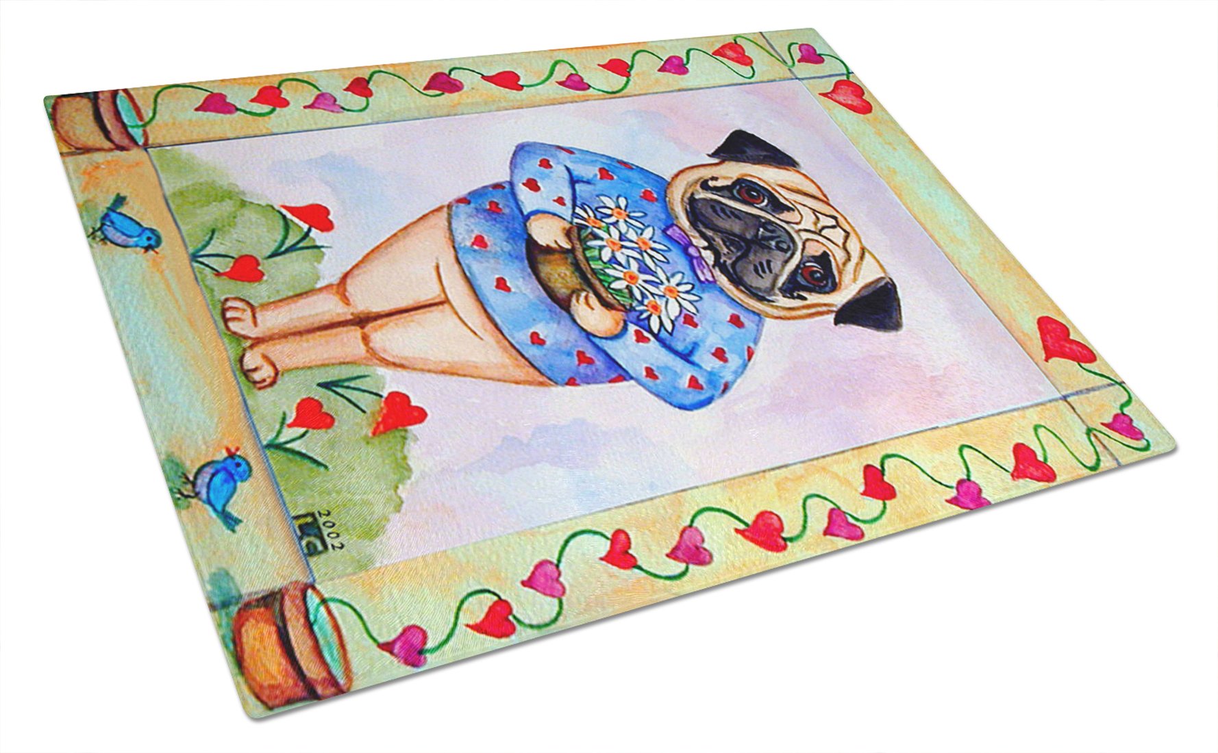 Caroline's Treasures 7132LCB Pug Valentine's Hearts Tempered Glass Cutting Board - Large Decorative Kitchen Chopping & Serving Board for Valentine's Day, Parties, and Home Decor