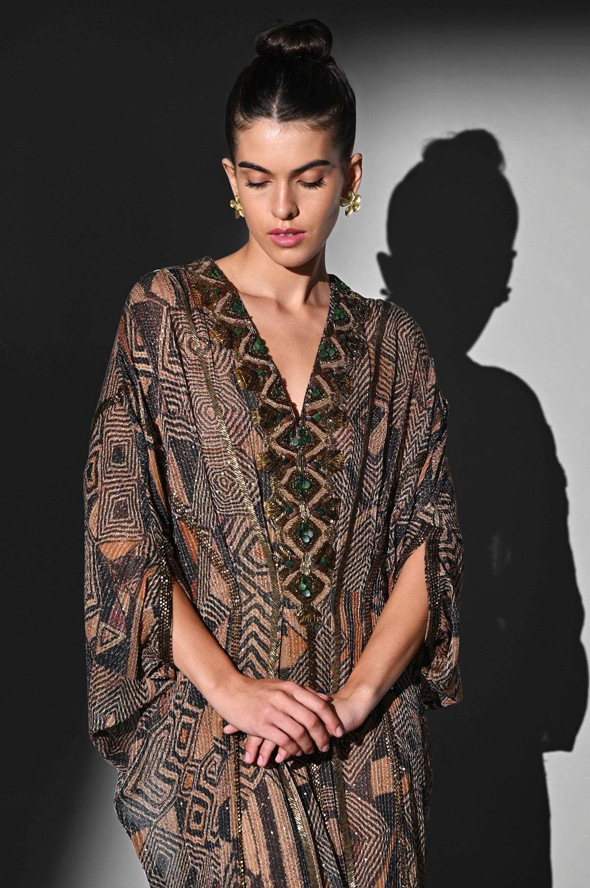 Elegant Brown Geometric Print Kaftan with Baroque Hand Embroidery - Perfect for Beach Cover-Up, Boho Chic Outfits & Summer Vacation Wear