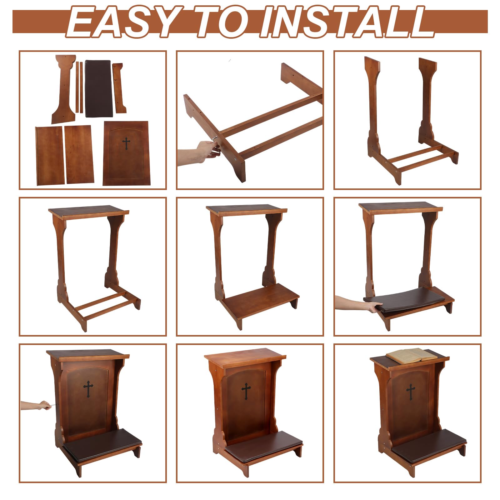 Solid Wood Prayer Bench with Shelf & Cushion - 23