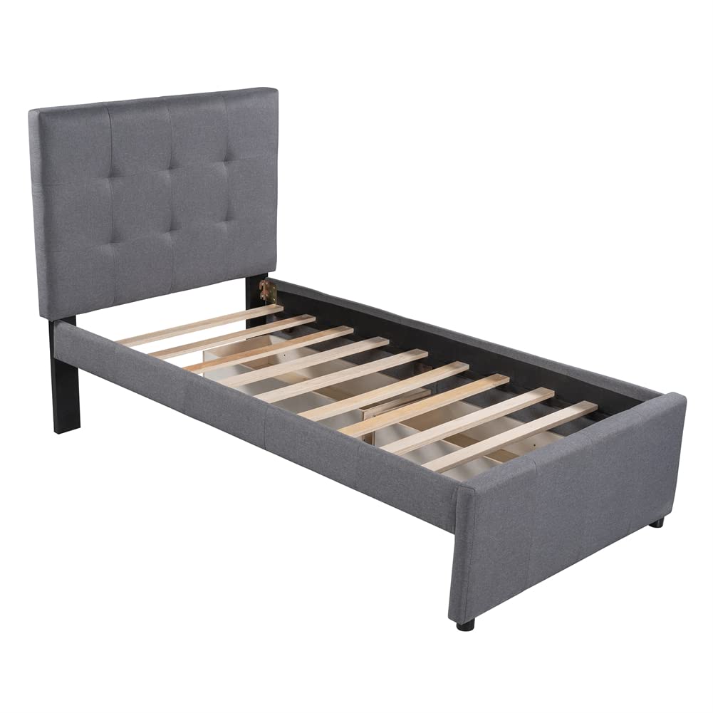 Linen Upholstered Platform Bed Frame with Storage Drawers & Tufted Headboard - Solid Pine Wood Twin Size Bed for Small Spaces | Modern Bedroom Furniture for Apartments, Dorms & Guest Rooms
