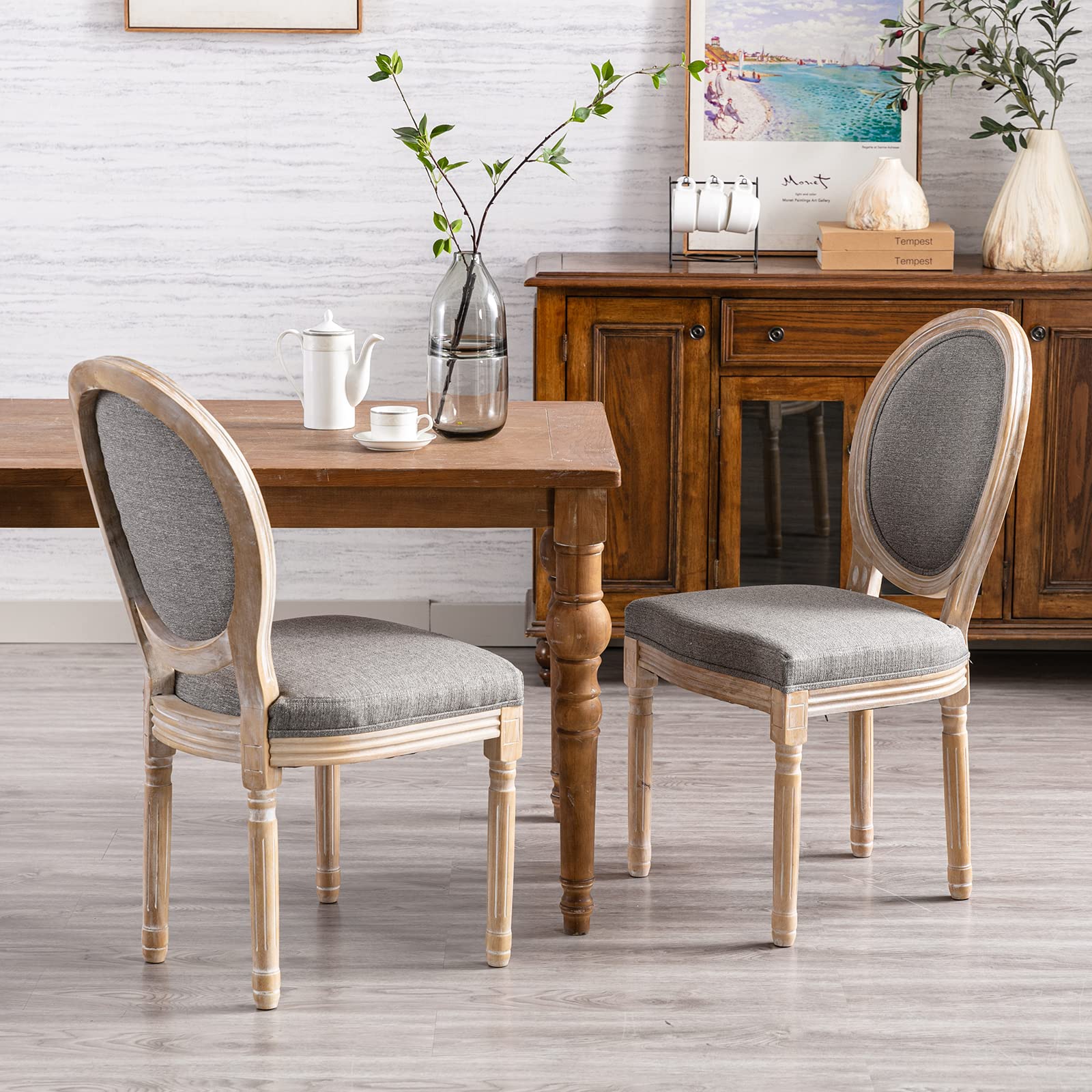 Guyou Upholstered 2-Piece Dining Chair Set in Distressed Driftwood - French Country Vintage Accent Chairs with Round Fabric Back - Perfect for Kitchen, Dining Room & Living Room Decor (Grey)
