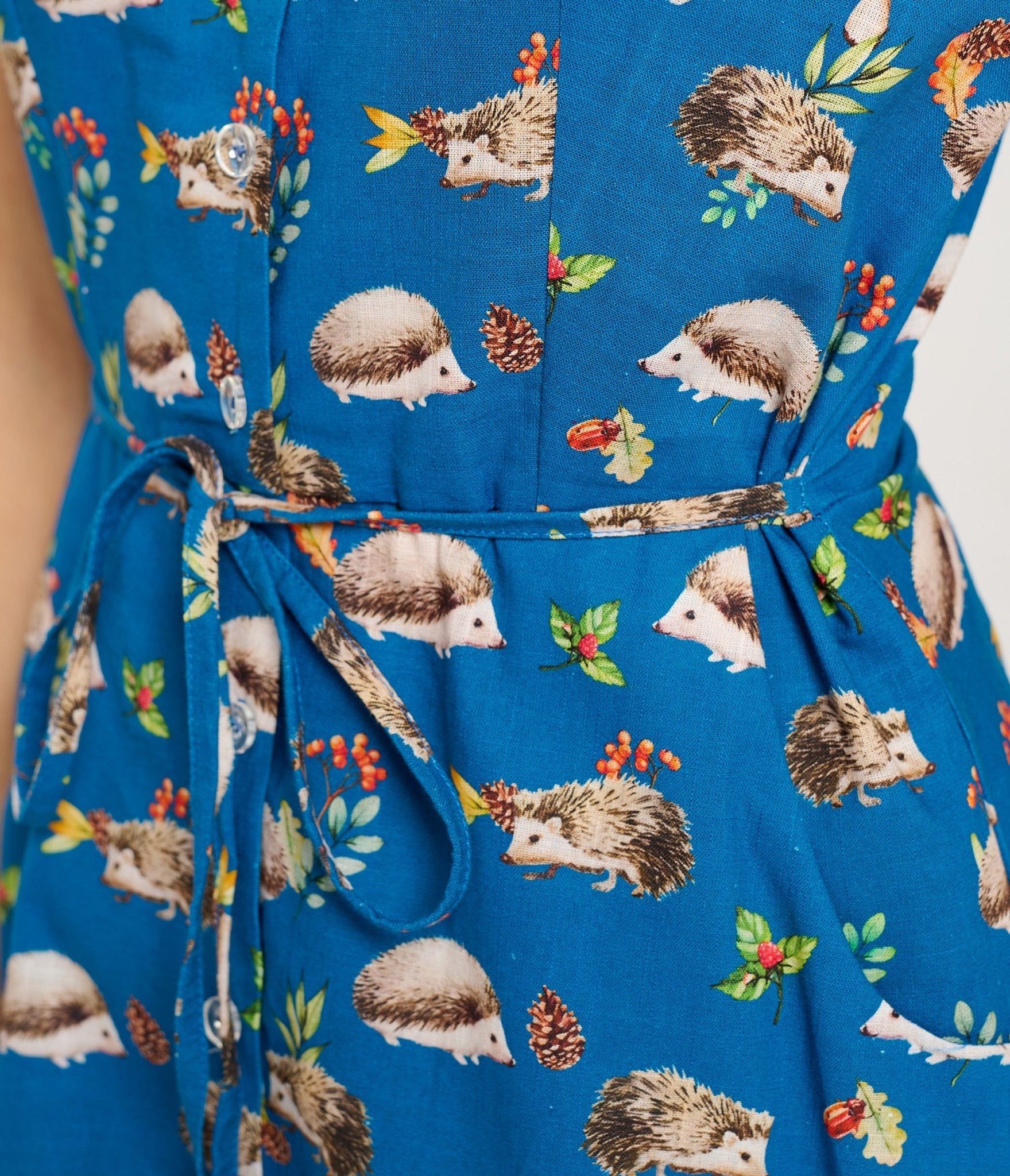 Blue Hedgehog Mushroom Berry Print Cotton Fit & Flare Dress - Women's Vintage Floral Summer Dress for Casual Outings, Picnics & Boho Style