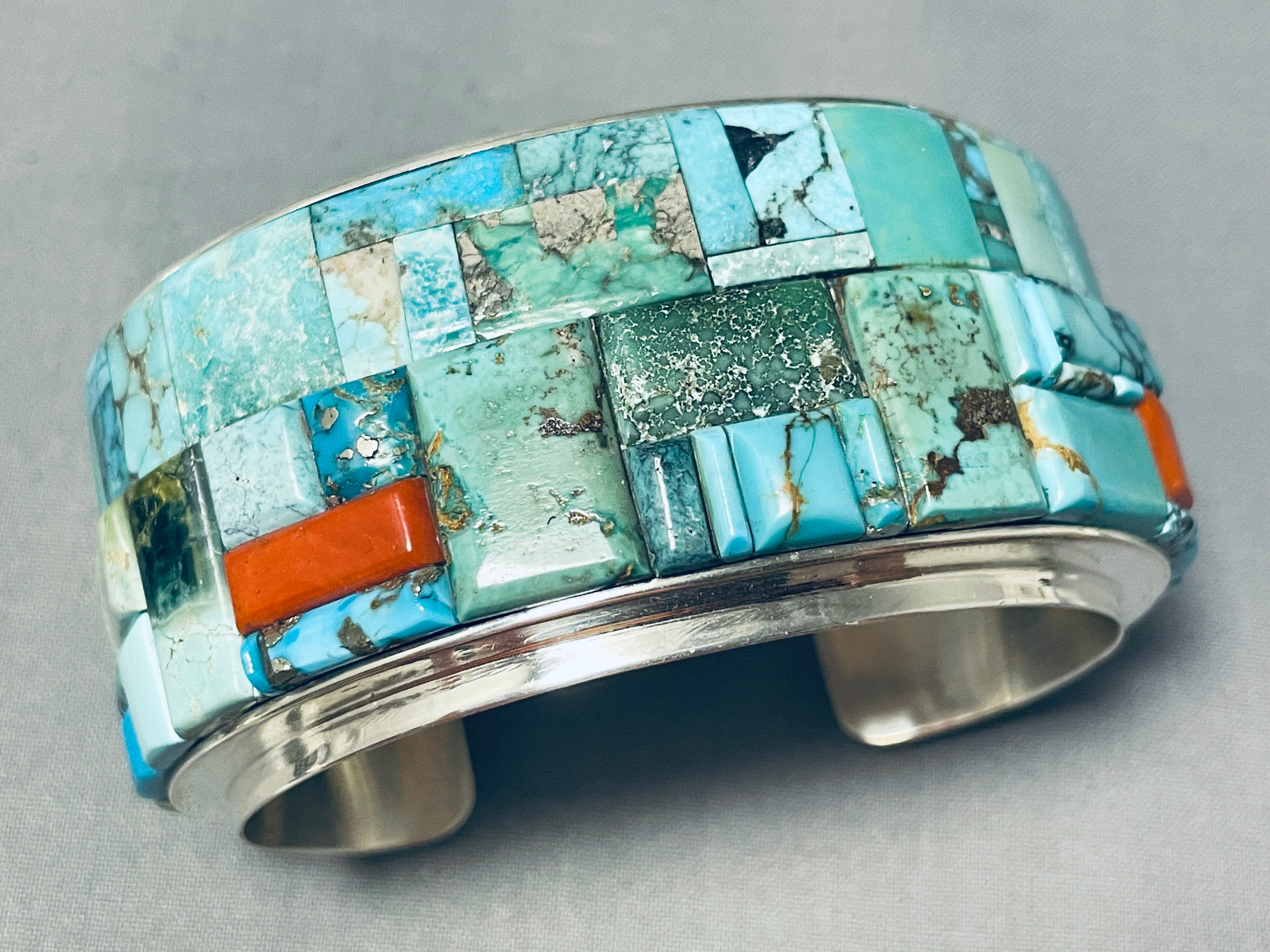 Authentic Navajo Turquoise & Sterling Silver Coral Bracelet - 107g Heavyweight Handmade Jewelry for Women, Boho Chic Accessory for Festivals & Special Occasions