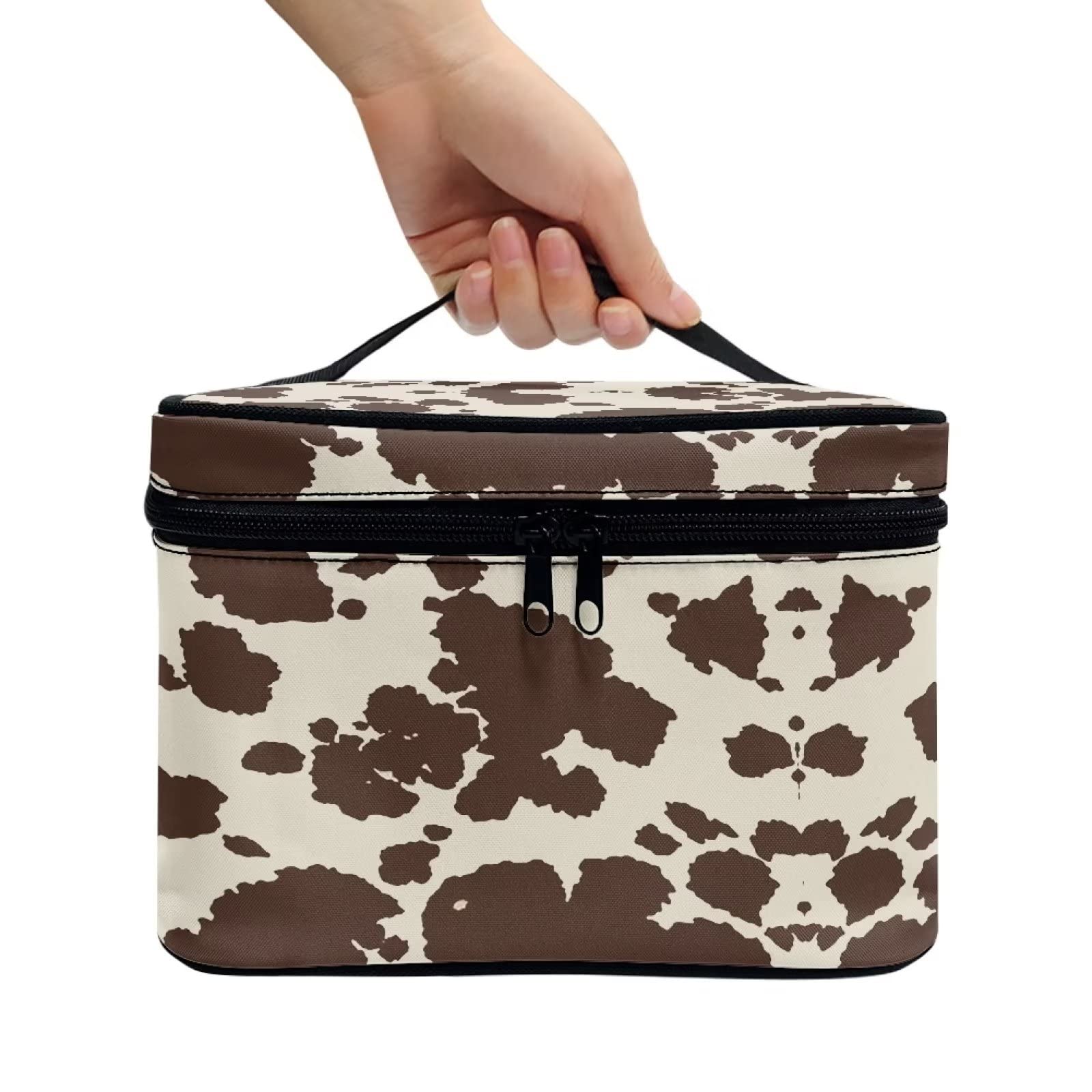 Stylish Brown Cowhide Travel Makeup Bag for Women - Portable Cosmetic Organizer with Carry Handle - Perfect for Toiletries Storage, Weekend Getaways & Airplane Essentials