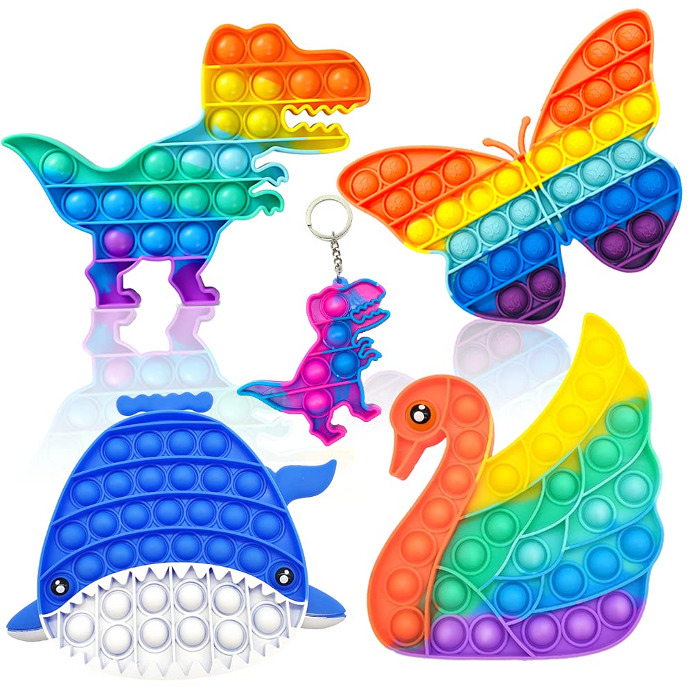 QETRABONE 5-Piece Rainbow Dinosaur Swan Push Pop Fidget Toys Set - Sensory Stress Relief Toys for Kids, Autism, Anxiety - Fun Bubble Squeeze Toys for Classroom, Travel & Home Play