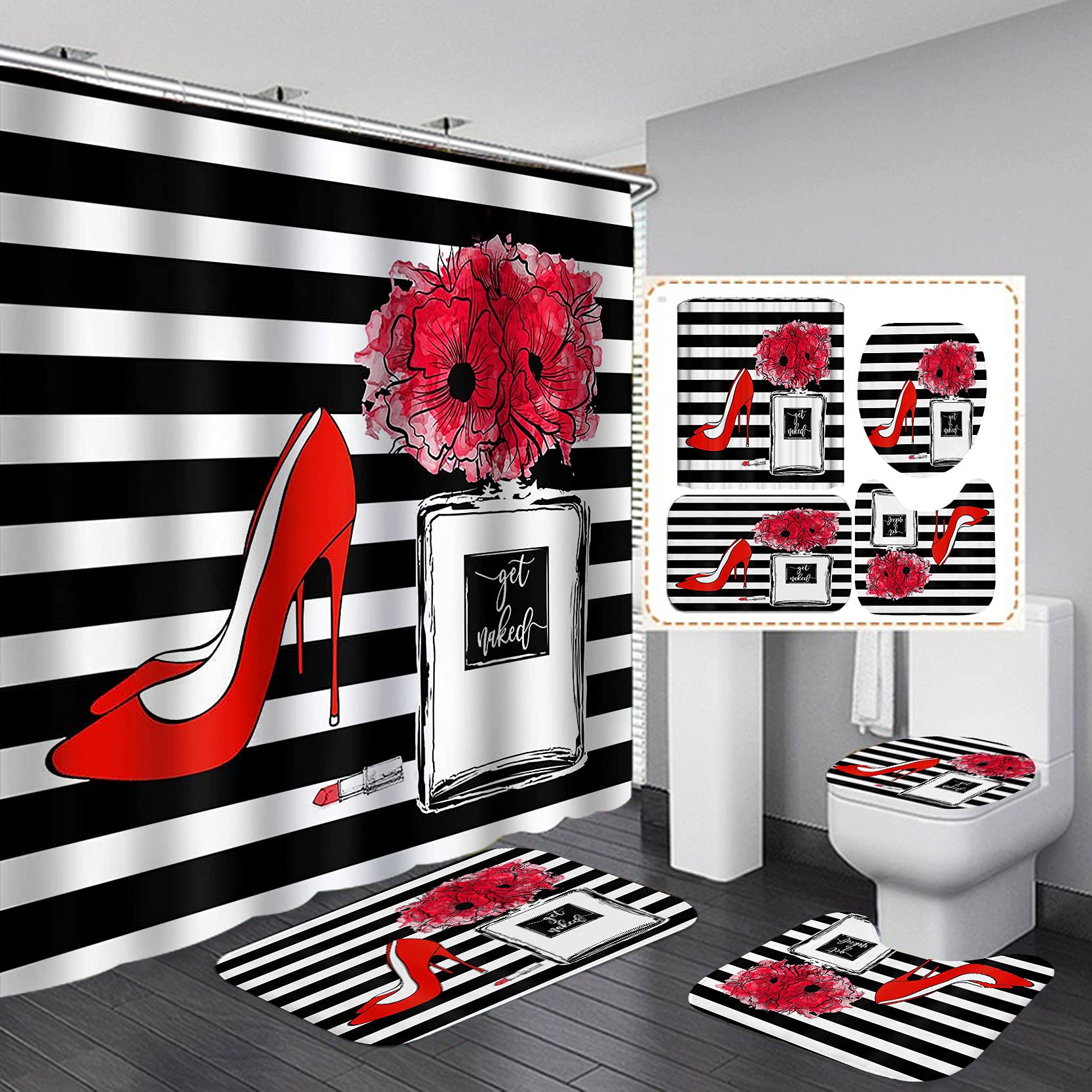 4PCS Red High Heels Perfume Bottle Shower Curtain Set with Non-Slip Bath Mat - Black White Striped Floral Bathroom Decor for Women & Teens - Modern Lipstick Makeup Theme for Shower, Bathroom & Vanity Areas