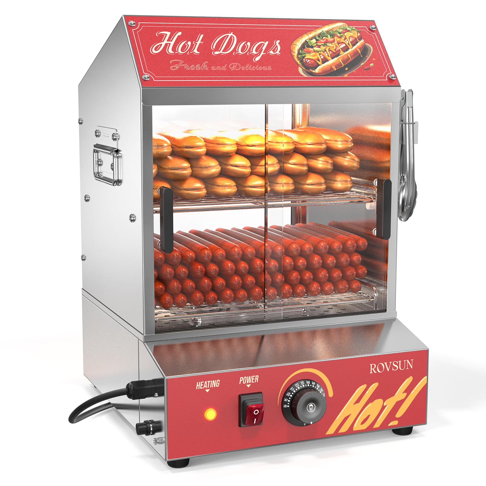 ROVSUN 30L Commercial Hot Dog Steamer - 2-Tier Hot Dog & Bun Warmer with Removable Shelves (175 Hot Dogs & 40 Buns Capacity) for Parties, Events & Concession Stands - Perfect for Catering, Food Trucks & Stadium Snack Bars