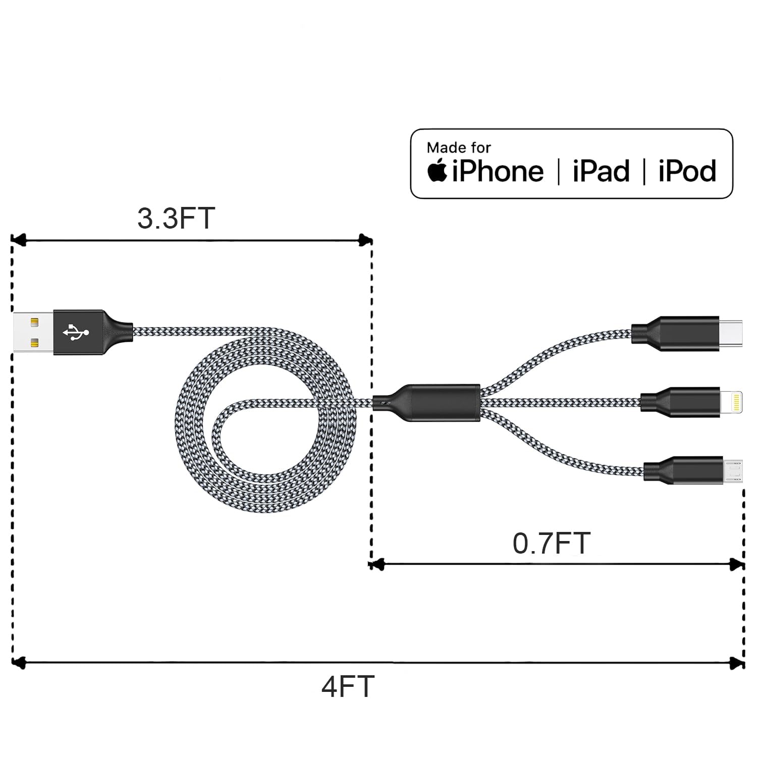 4ft 2-Pack MFi Certified 3-in-1 Nylon Braided Charging Cable - Fast Charging USB C/Lightning/Micro USB Cable for iPhone, iPad, Tablet | Perfect for Home, Office & Travel Charging