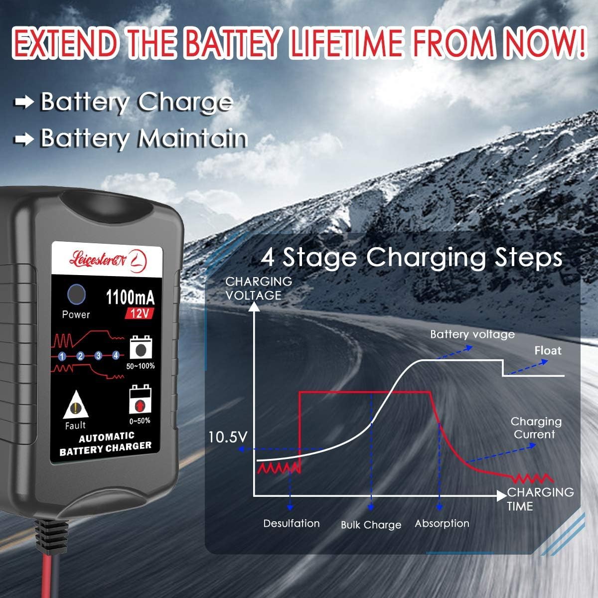 12V Smart Battery Trickle Charger & Maintainer - Portable Float Charger for Car, Motorcycle, Lawn Mower - Works with SLA, AGM, Gel Cell & Wet Lead Acid Batteries - Perfect for Winter Storage & Seasonal Vehicle Maintenance