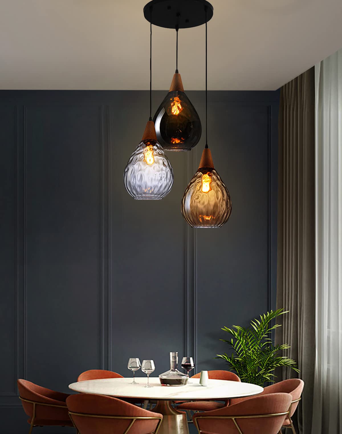 Modern Glass Pendant Light Fixtures - 3 Unique Hammered Glass Farmhouse Chandelier with Cluster Design for Kitchen, Dining Room & Living Room | Perfect for Modern Home Decor & Cozy Ambiance Lighting