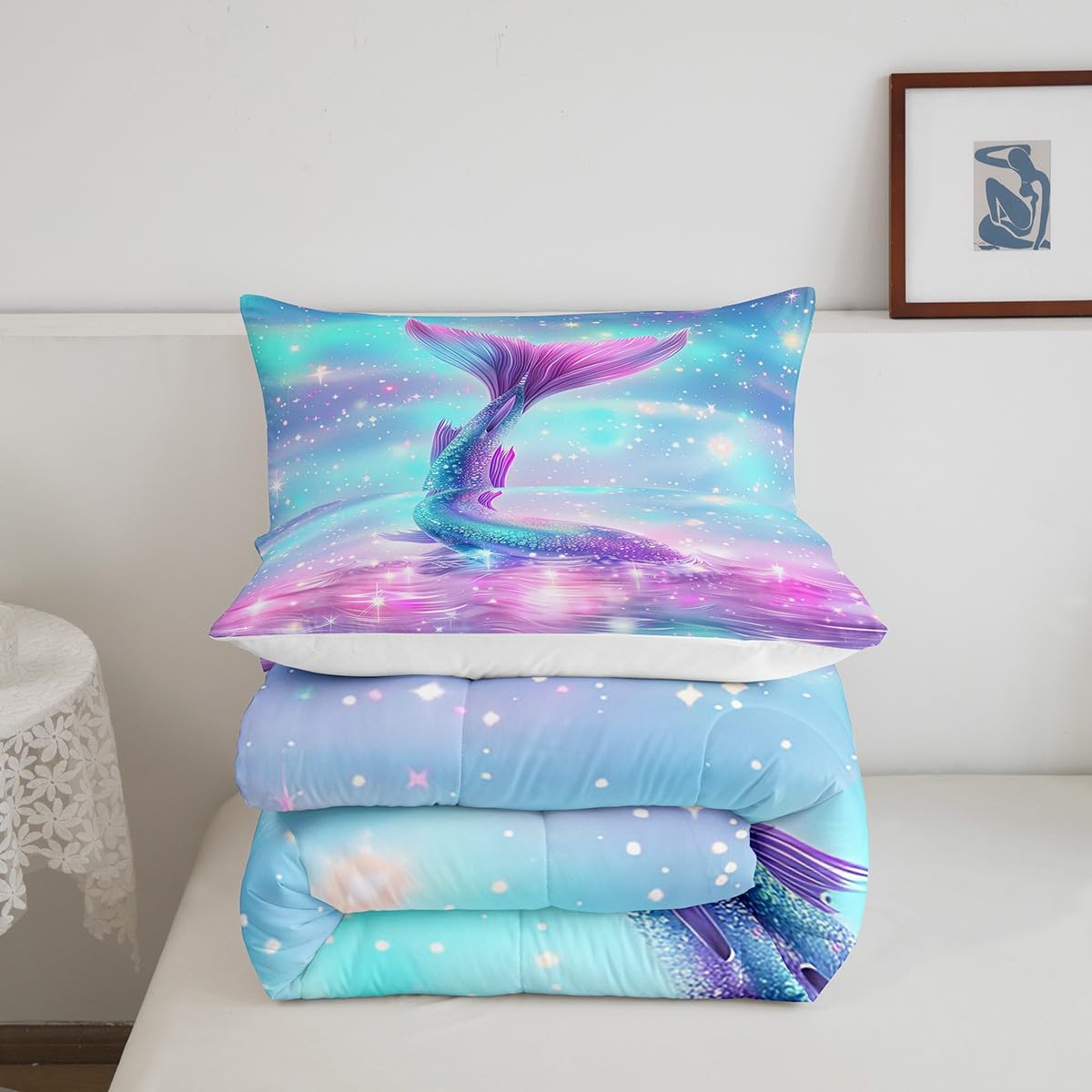 Erosebridal Mermaid Tail Duvet Cover Set - Twin Size Pastel Pink & Teal Ocean Theme Comforter with Glittery Starfish & Seashells for Girls Bedroom Decor | Kids Nautical Sea Animal Bedding | Perfect for Mermaid Themed Rooms, Birthday Gifts & Fantasy Sleepovers