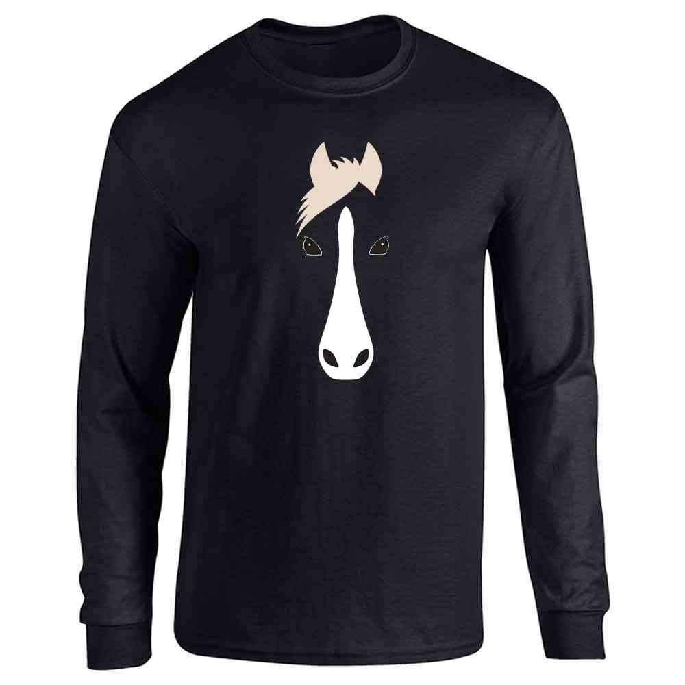 Pop Threads Horse Animal Face Cute Funny Long Sleeve T-Shirt for Men & Women - Perfect for Casual Wear, Costume Parties & Animal Lovers