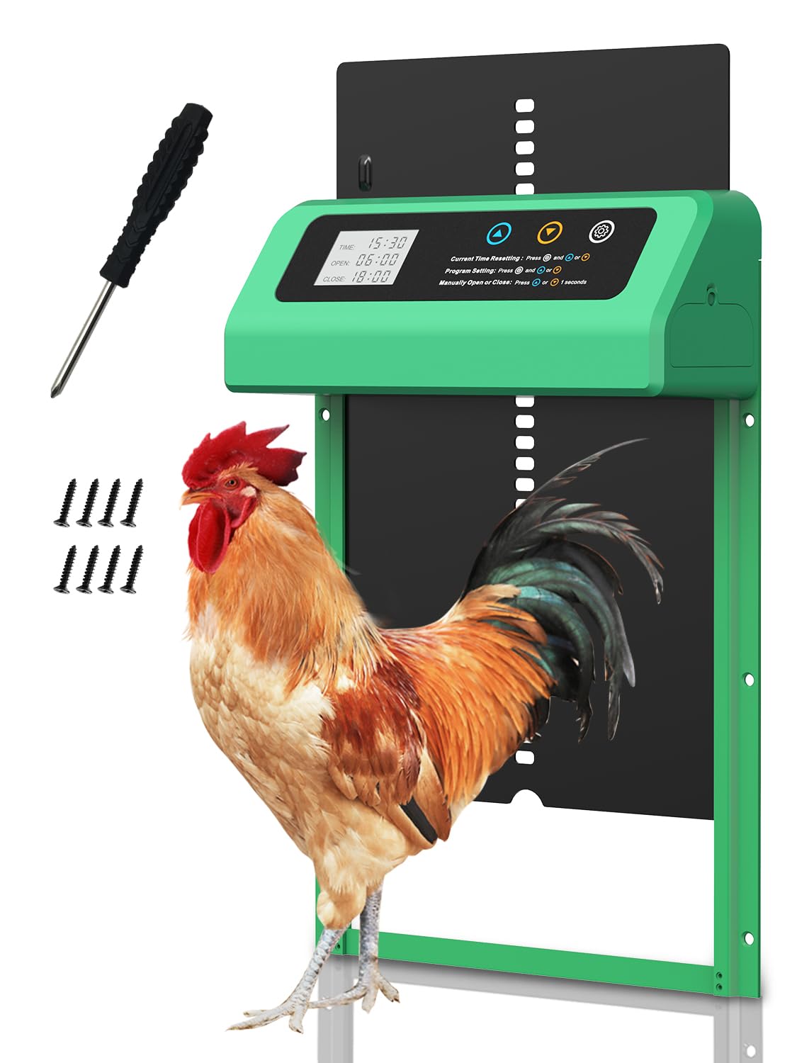 Automatic Chicken Coop Door with Timer & LCD Display - Aluminum Poultry Door with Anti-Pinch Safety Feature (Green) | Perfect for Backyard Chicken Coops, Poultry Farms & DIY Chicken Runs