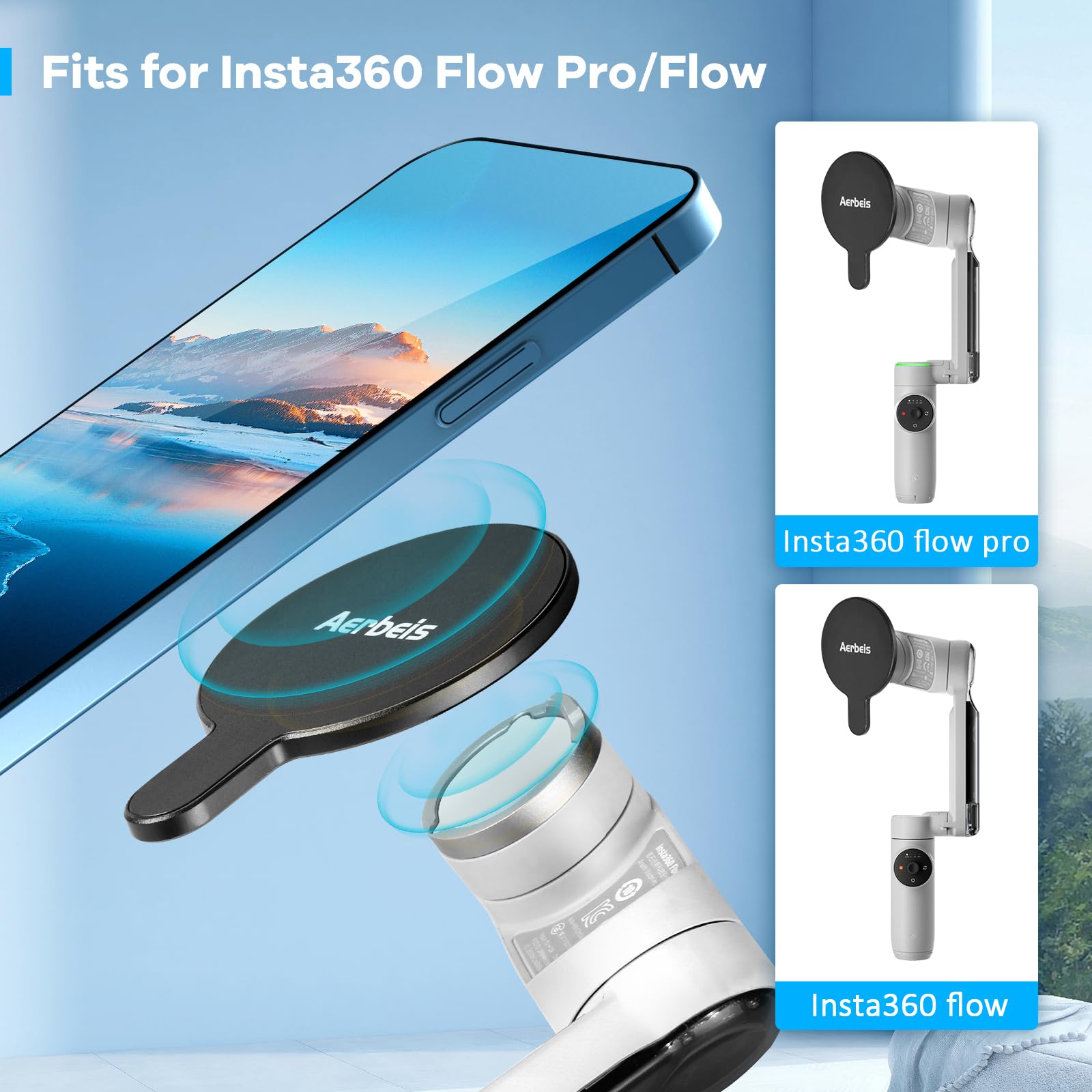 Magnetic Phone Mount Adapter for Insta360 Flow Pro & Flow Gimbal - Magsafe Compatible Clamp with Metal Ring - Perfect for Vlogging, Travel & Action Shots - Insta360 Stabilizer Accessories
