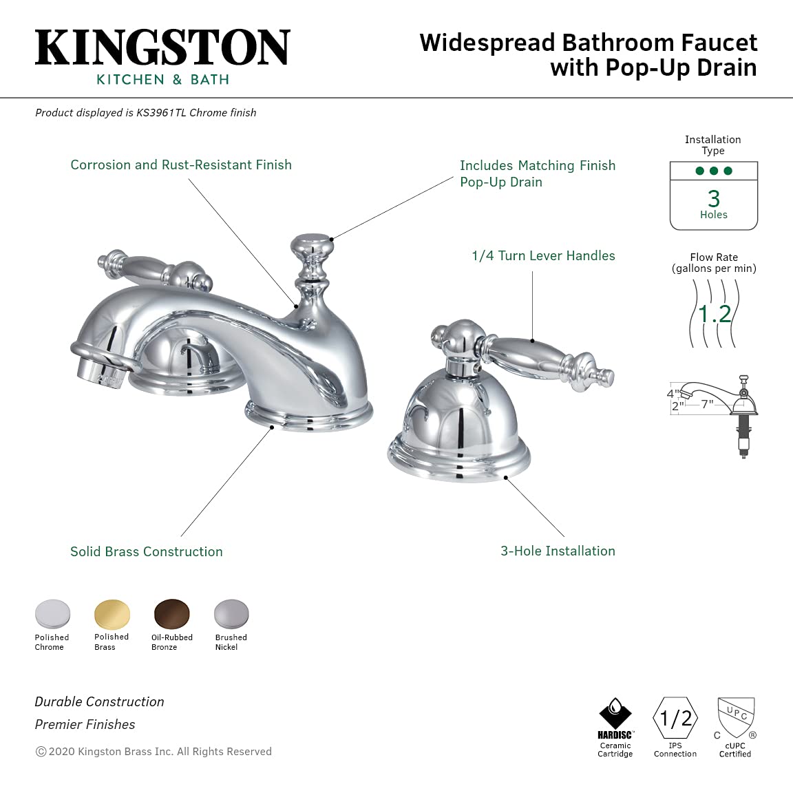 Kingston Brass KS3962TL Templeton Widespread Bathroom Faucet with Brass Pop-Up Drain, Polished Brass Finish - Perfect for Modern Vanities and Luxury Bathroom Upgrades