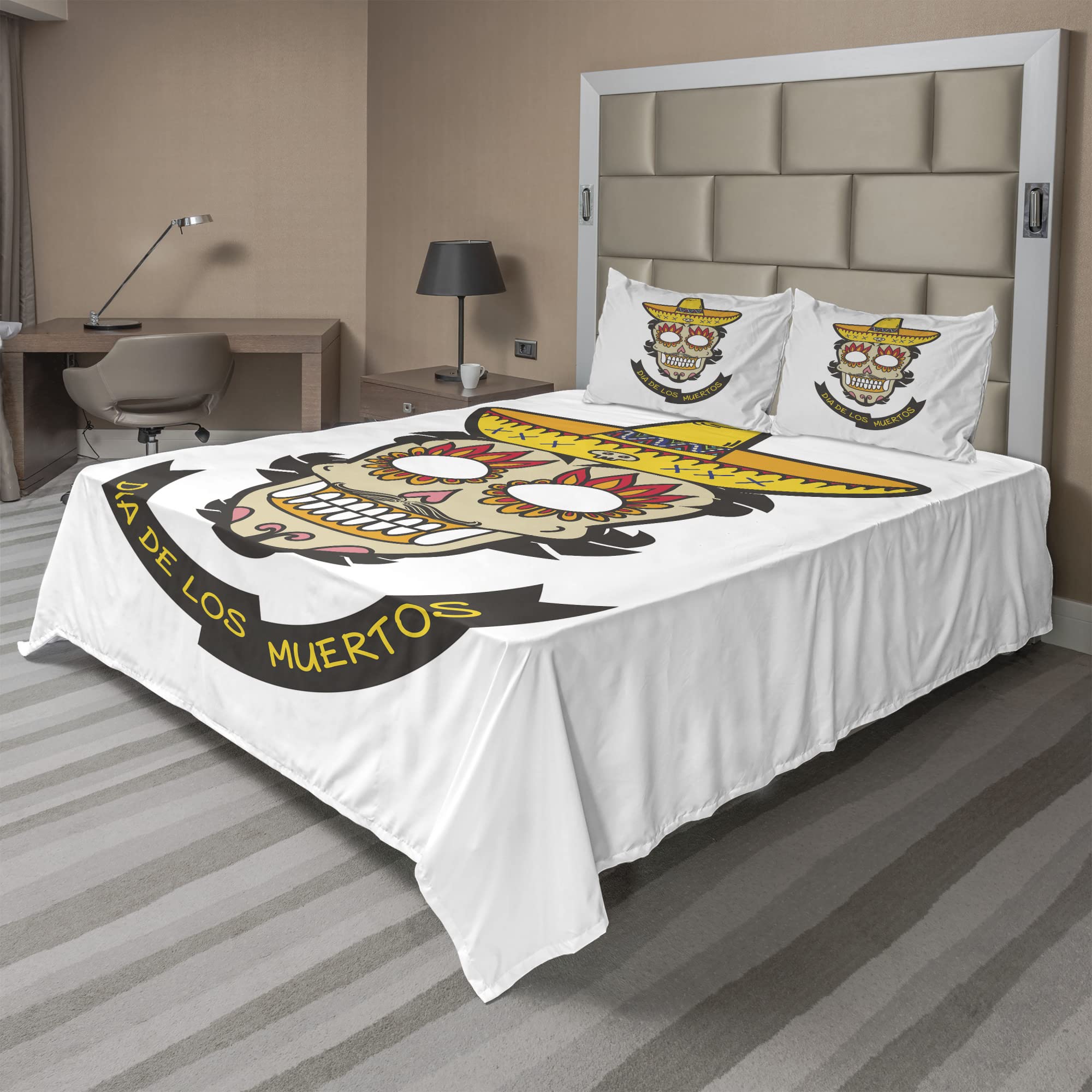 Ambesonne Day of The Dead Sheet Set - Colorful Skull with Sombrero & Mustache Design, 4-Piece King Size Bedding Set (Fitted Sheet, Flat Sheet, 2 Pillowcases) in Yellow White Ivory - Perfect for Halloween Decor, Mexican Themed Bedrooms & Cultural Home Accents