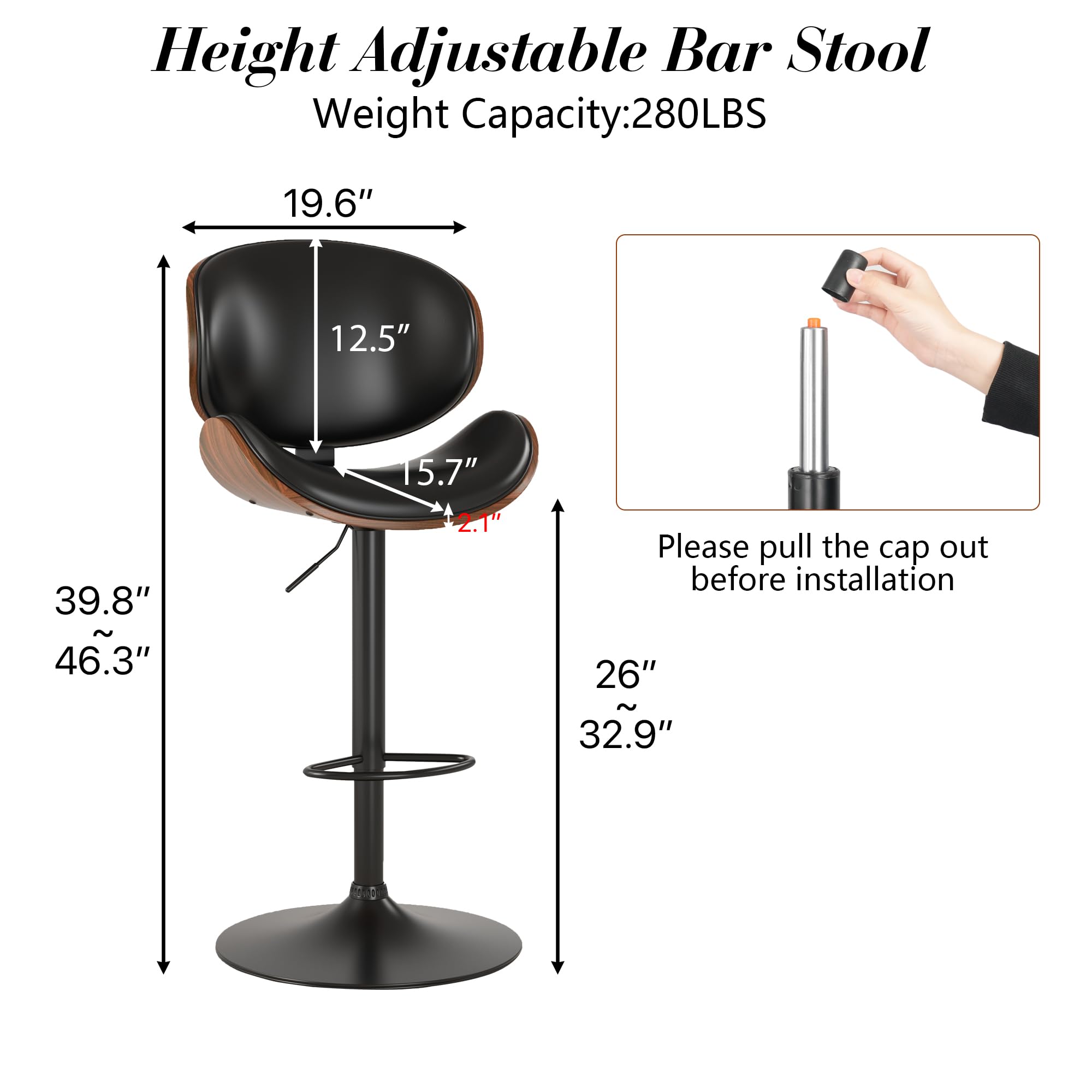KCC Bar Stools Set of 4 - Adjustable Height Swivel Bar Stools with PU Leather Upholstery & Footrest - Modern Bentwood Bar Chairs for Kitchen Island, Home Bar, Dining Room & Breakfast Nook (Black PU Leather) - Perfect for Entertaining, Casual Dining & Kitchen Counter Seating