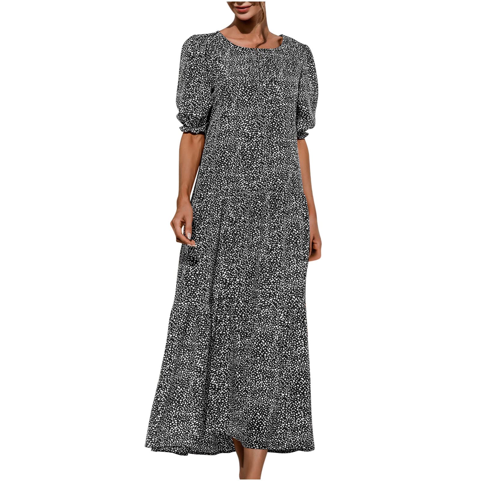 Boho Maxi Dress for Women - Floral Summer Casual Dress with O-Neck & Puff Short Sleeve | Beach Sundress, Tiered Swing Dress for Vacation, Pool Party & Outdoor Date