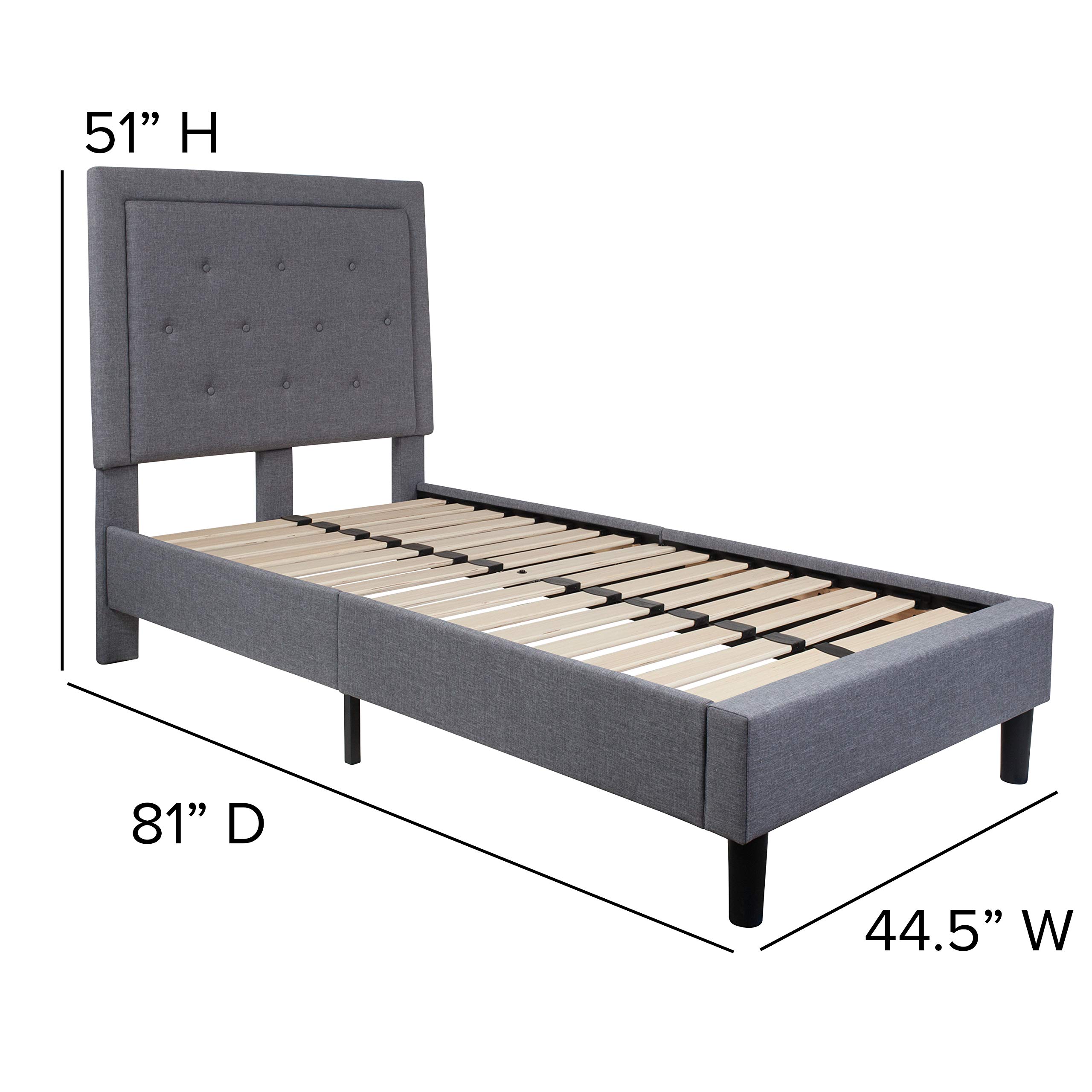 Merrick Lane Mallory Twin Size Platform Bed - Tufted Upholstered Bed Frame with Light Gray Fabric - Perfect for Small Bedrooms, Guest Rooms & Dorm Rooms