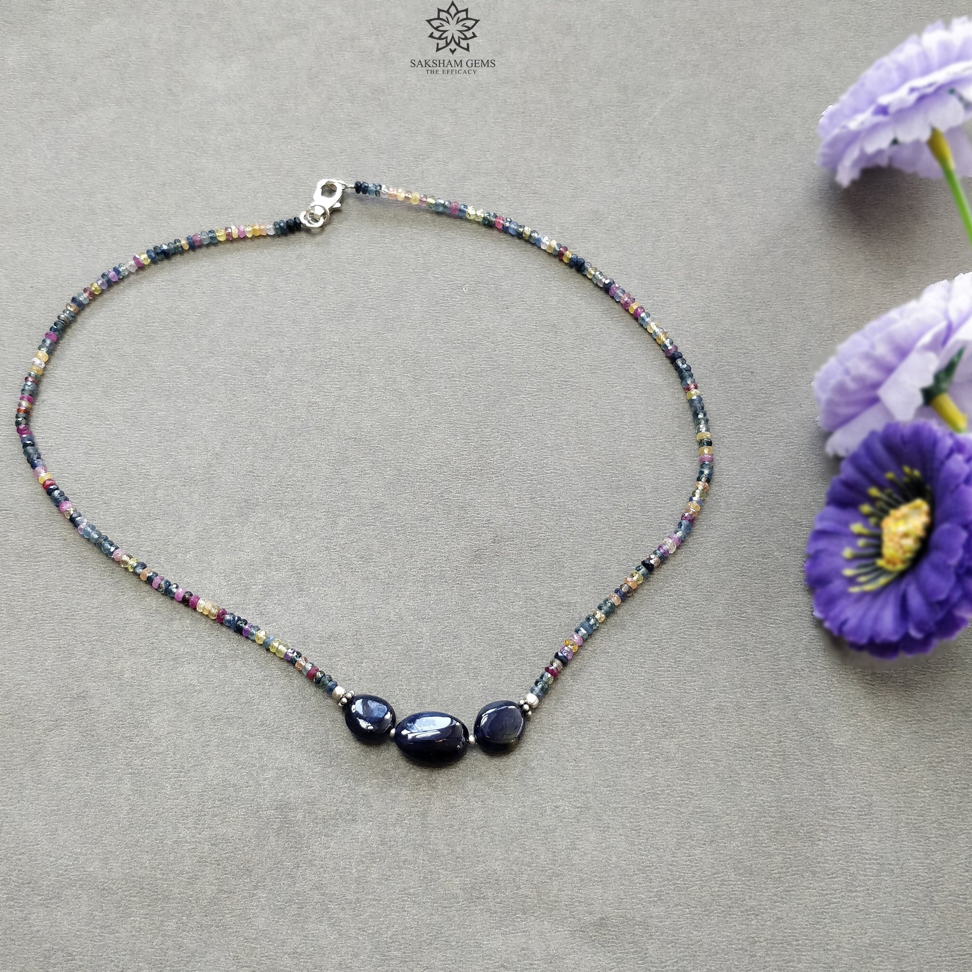 Natural Blue & Multi Sapphire Beads Necklace - 10.34gms Untreated Sapphire Gemstone Jewelry, 925 Sterling Silver Faceted Beaded Necklace for Women, 16 Inch, Perfect for Weddings, Parties & Gift Giving